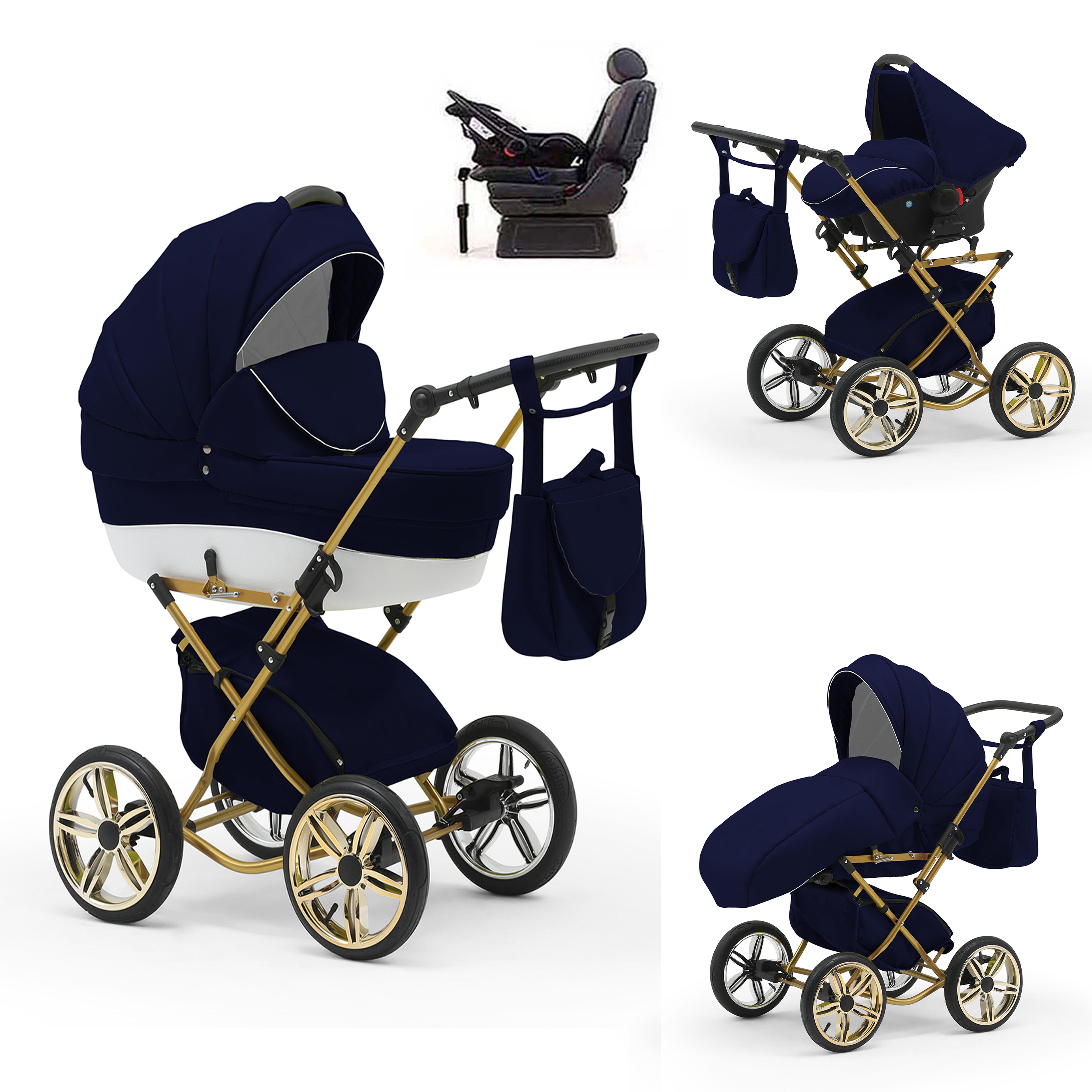 babies-on-wheels Kombi-Kinderwagen Sorento 4 in 1 inkl. Autositz und Iso Base - 14 Teile - in 10 Designs Navy-Weiß | Kombikinderwagen