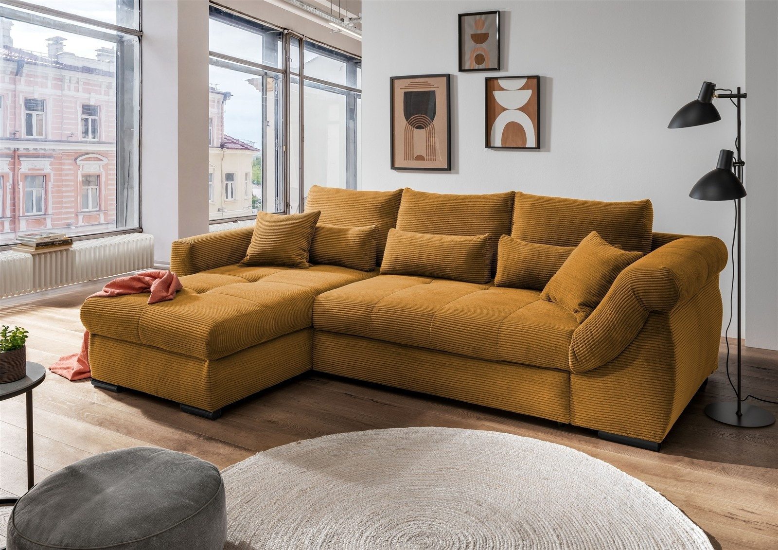 freiraum Polsterecke Felicia, Schlaffunktion, Stauraum, Cord gold - 302x89x188cm (BxHxT)