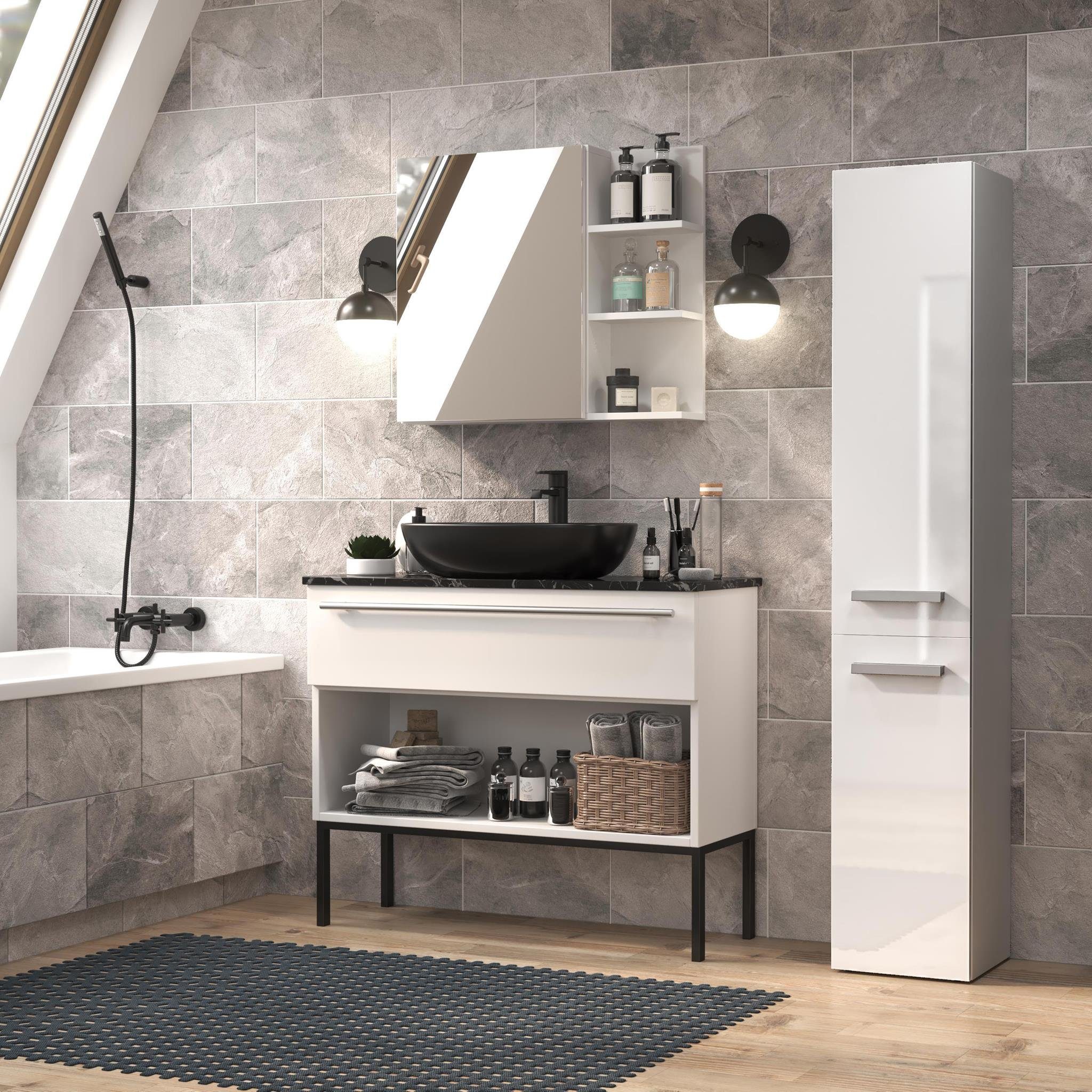 Beautysofa Hochschrank Nolan IV (Schrank für Badezimmer) 3 Fächer hinter Drehtür, mit Wäschkorb, mit silberfarbig Griffe Weiß Hochglanz