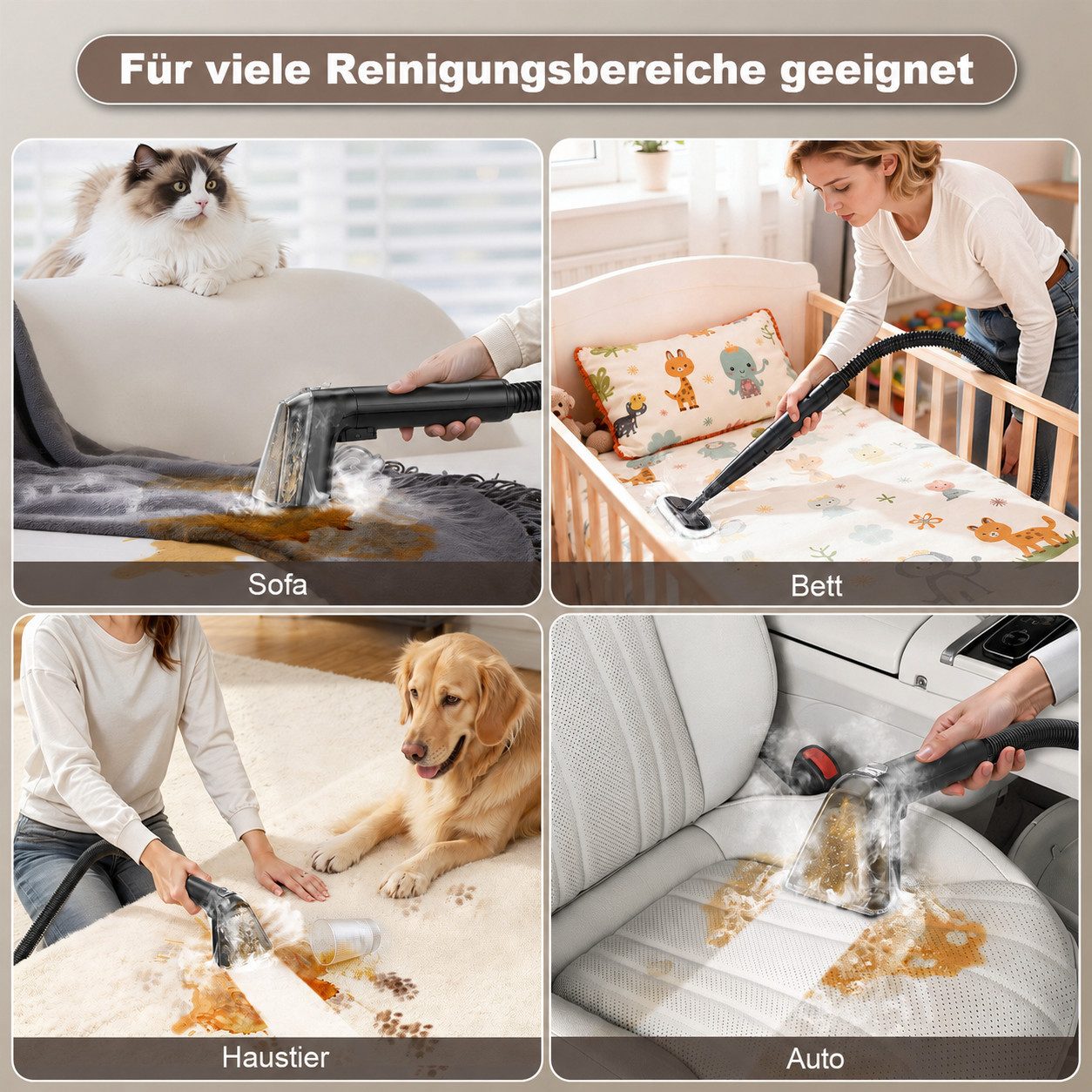 Grenintol Teppichreinigungsgerät,Waschsauger,Teppichreiniger,Polsterreiniger Gerät mit Dampferhitzung, 1650 W, Fleckenreiniger 35 KPA starke Saugleistung, Die Dampftemperatur ist verstellbar von 65°C bis 100℃, Tiefenreinigung in vier Modix, Für Küchenfett, Teppiche, Polstermöbel, Sofas, Autos, Haustiere.