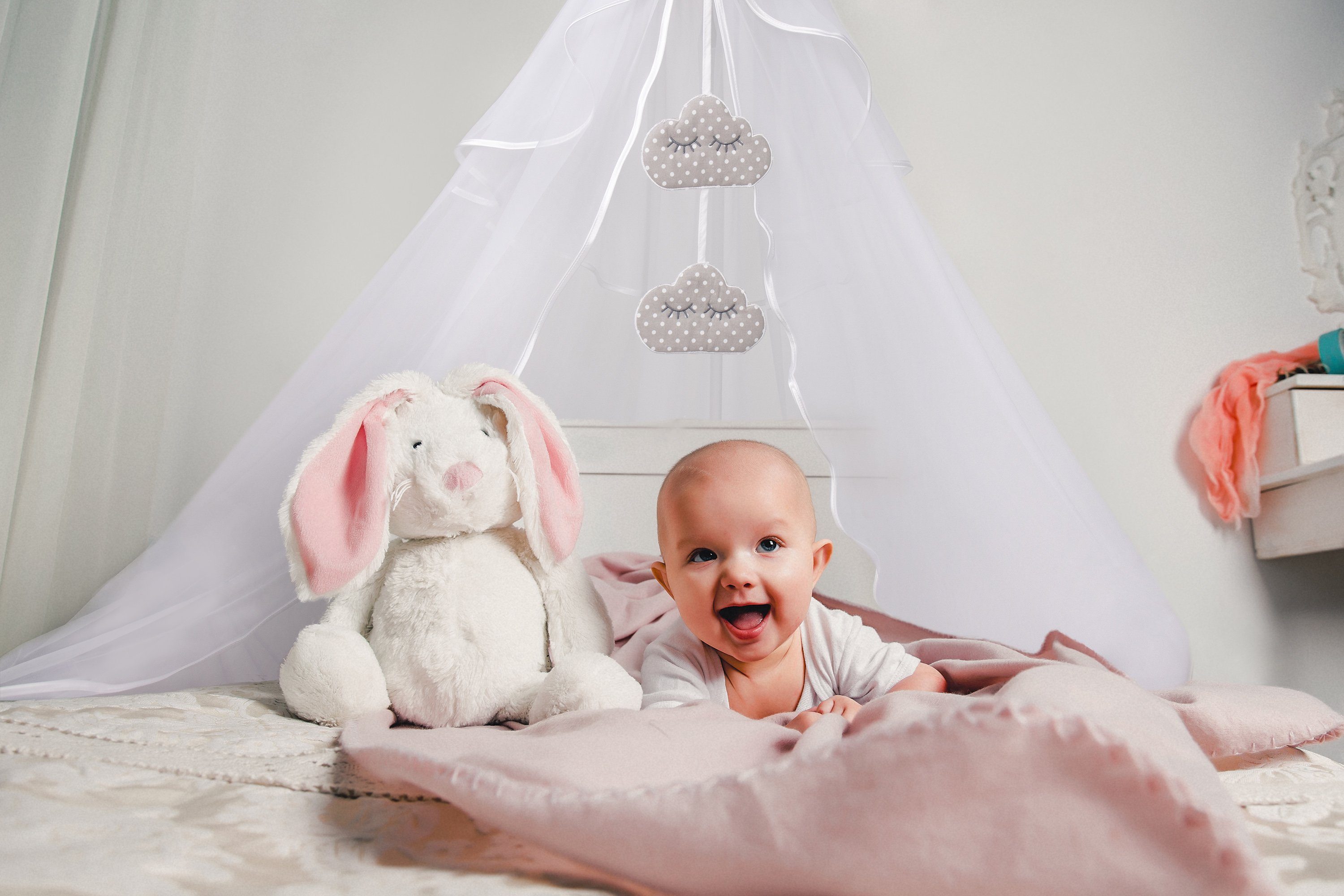 Amilian Betthimmel mit Himmelstange, Himmelhalter - Himmelbett Gestell - für Babybett (Himmelbett Gestell für Babybett; Stubenwagen; Babywiege), Vollstoffhimmel oder Chiffonhimmel