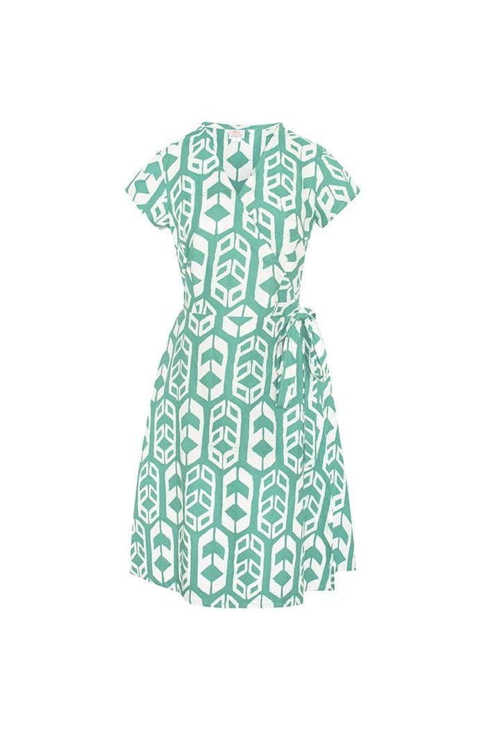 Global Mamas Wickelkleid Wrap Dress - Shields Sage - Grün Handgebatikt in Ghana · Unikat · Fair Trade zertifiziert (WFTO)