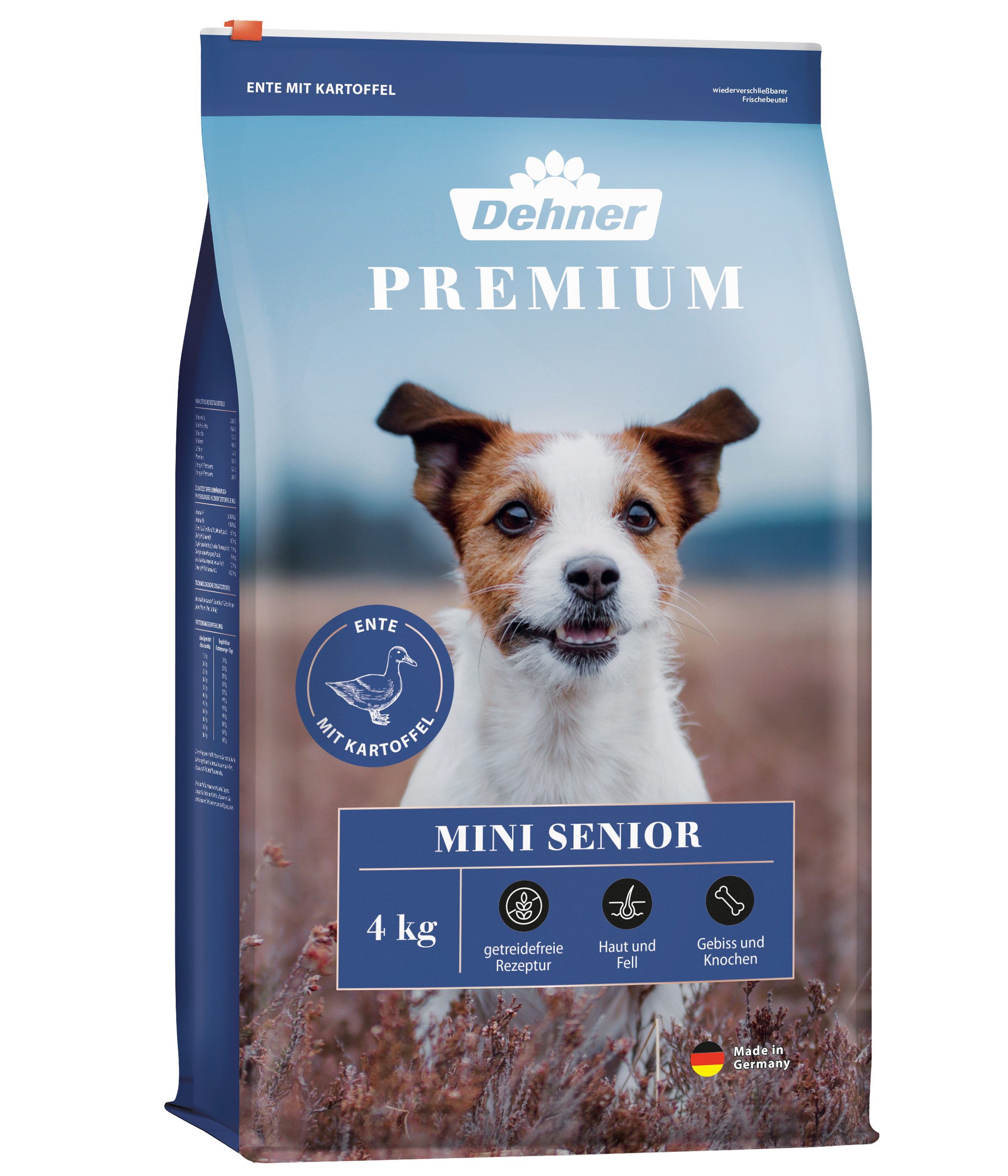 Dehner Premium Mini Senior Ente / Lamm / Kartoffel, 4 kg, getreidefrei Ente, Trockenfutter für: Hunde, Trockenfutter für ältere Hunde kleiner Rassen