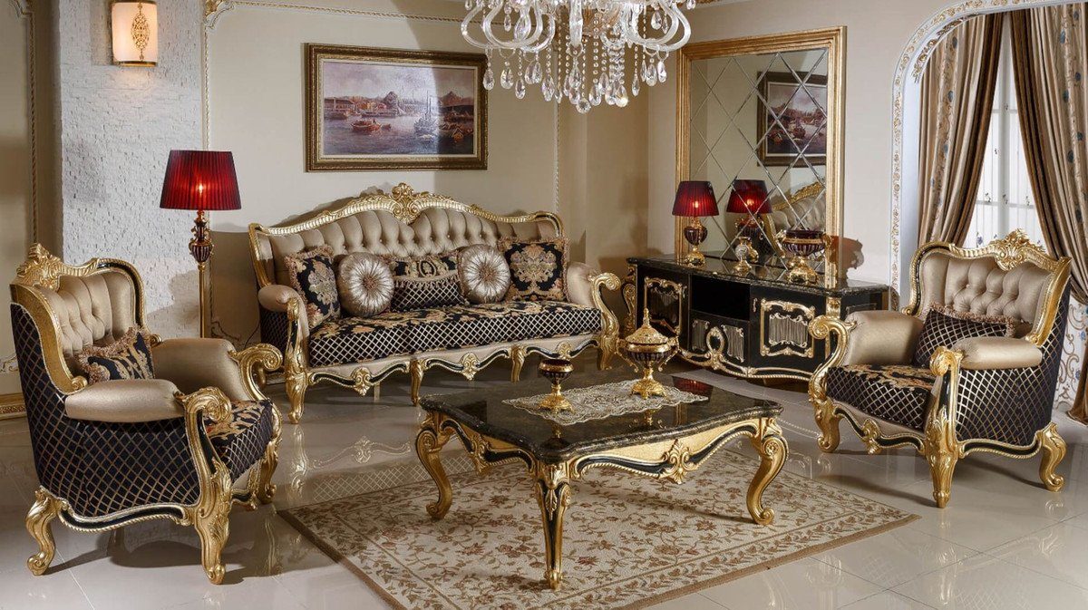 Sofa Barock Sofa Casa - Muster Möbel mit Schwarz Prunkvolles Mehrfarbig Padrino Wohnzimmer Gold - / / Luxus elegantem Gold / Barock Wohnzimmer Sofa