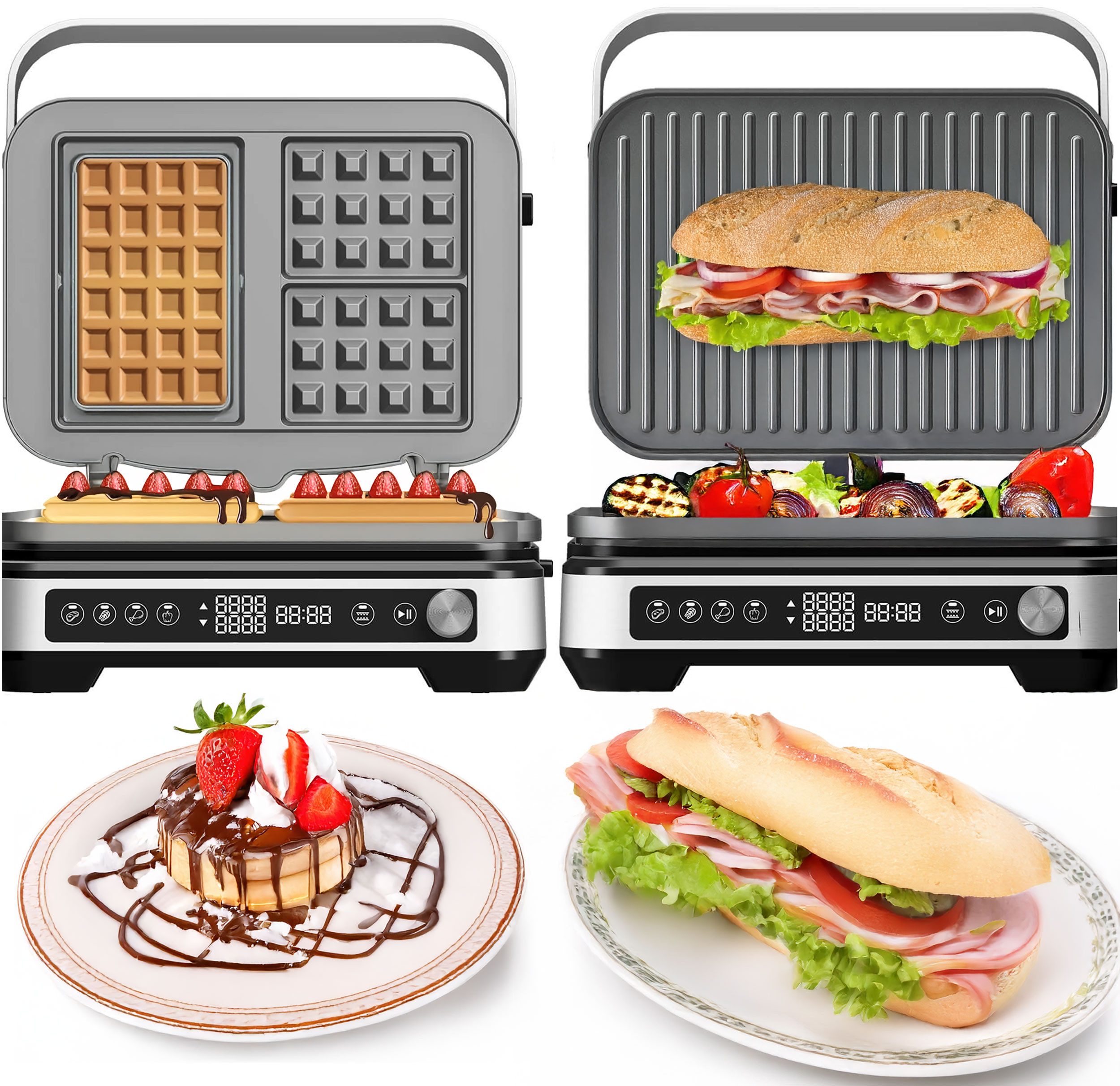 TurboTronic by Z-Line Kontaktgrill 2000W Waffeleisen für belgische Waffeln Platten wechselbar Sandwich, 2000 W, Tischgrill Paninis Burger Sandwichmaker Waffelmaker Sandwichtoaster