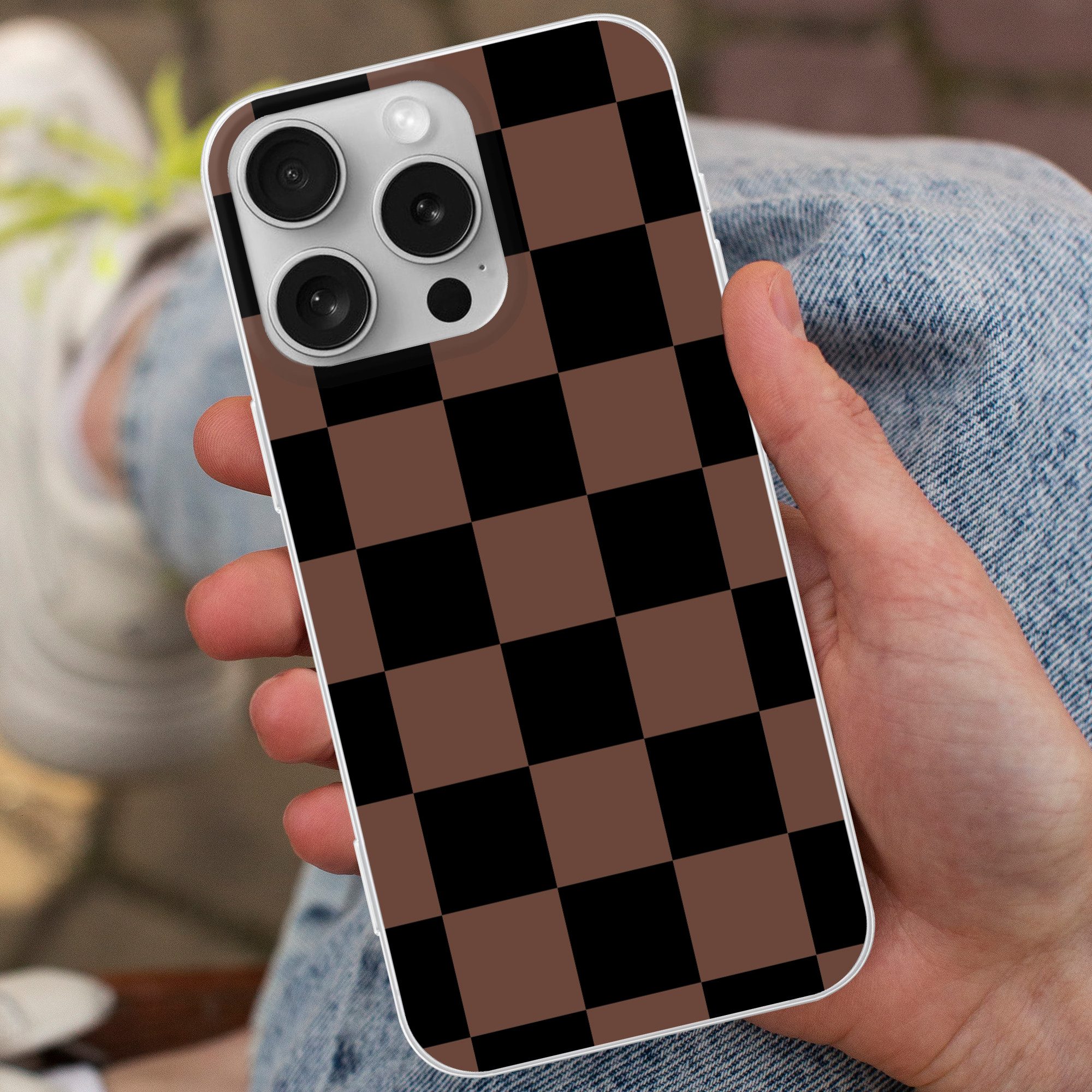 MuchoWow Handyhülle für Apple iPhone 16 Pro Schachbrettmuster - Braun - Schwarz - Blöcke, Smartphone-Bumper, Print, Handy Schutzhülle Dünn