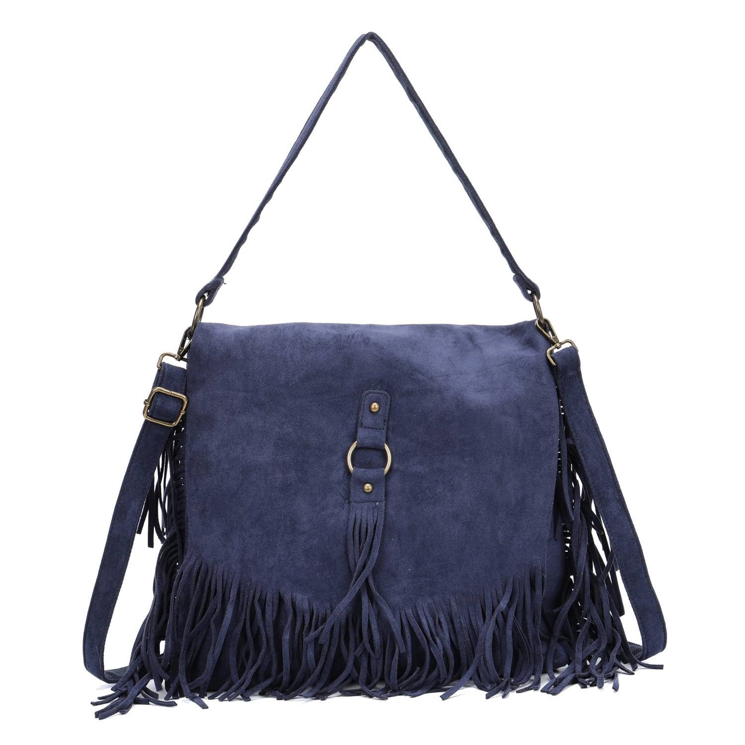 ITALYSHOP24 Schultertasche Damen Shopper Tasche Umhängetasche Fransen Boho Crossbody Reise Bag, Samt Messenger Hobo Bag Velour Leder Optik City Beutel Henkel, leicht