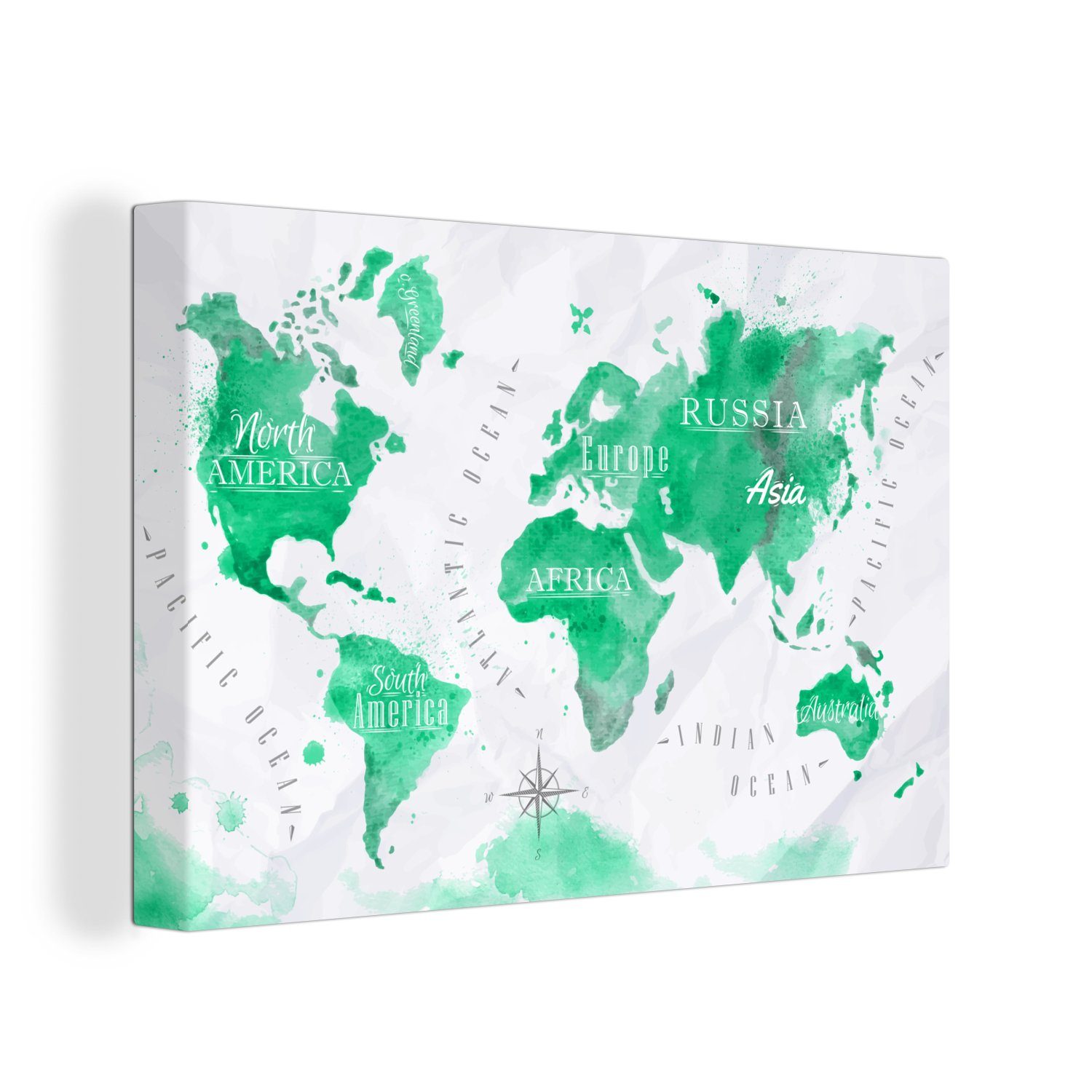 OneMillionCanvasses® Leinwandbild Weltkarte - Ölfarbe - Grün, (1 St), Wandbild Leinwandbilder, Aufhängefertig, Wanddeko, 30x20 cm
