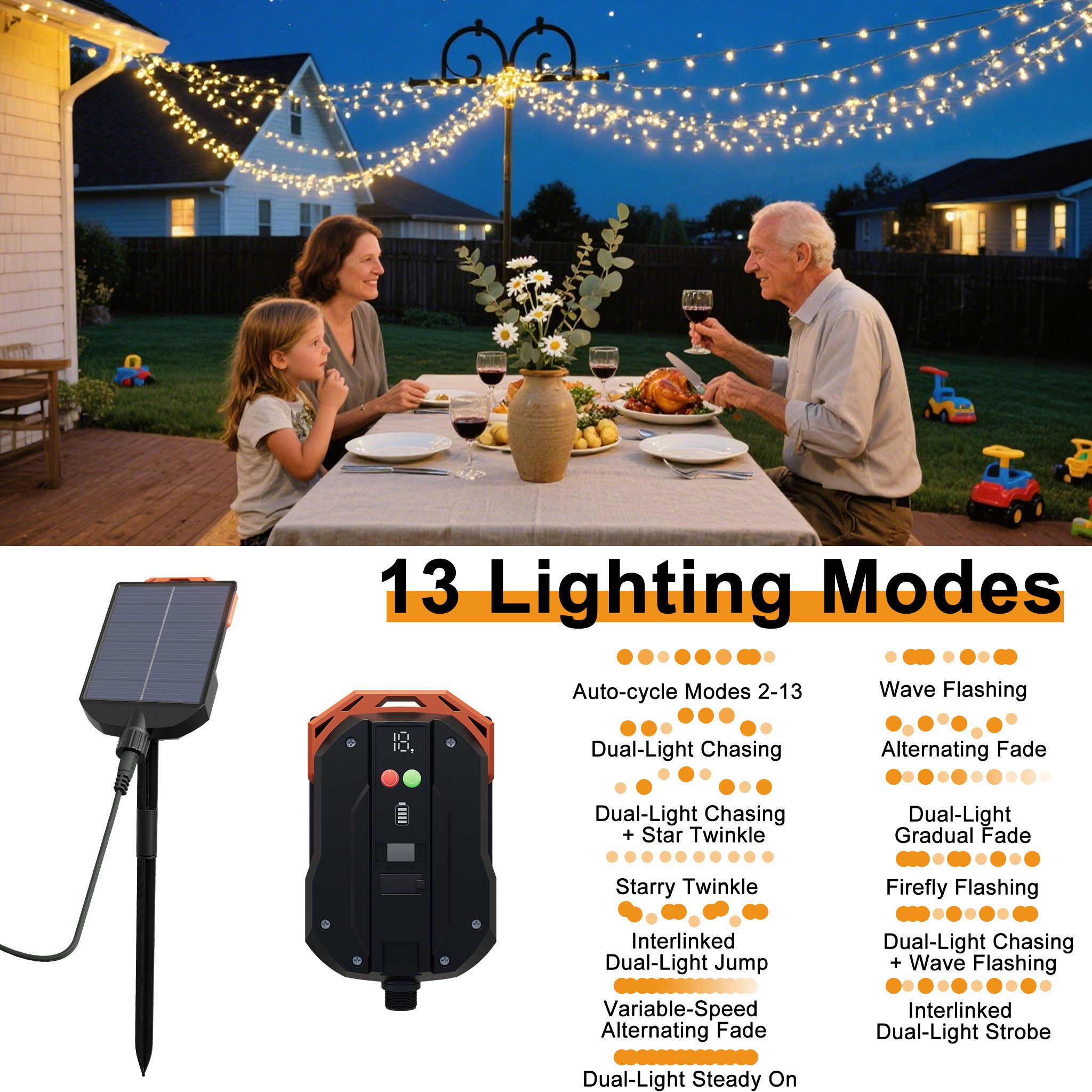 FIVMEN LED Solarleuchte Solar Lichterkette Außen, LED Solarlichterkette Warmweiß, 13 Modi Lichter mit Fernbedienung für Garten Party Balkon Terrasse