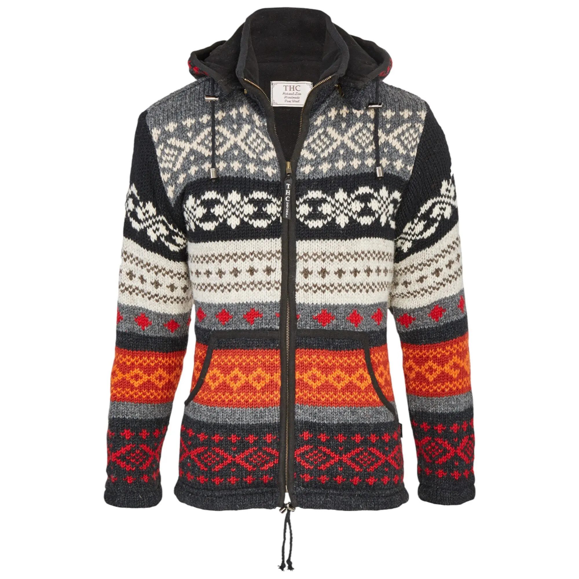 THC Natural Line Strickjacke THC Schafwollstrickjacke bunt gemustert 825 (1 Stück, 1-tlg., 1 Stück) Strickjacke mit abnehmbarer Kapuze