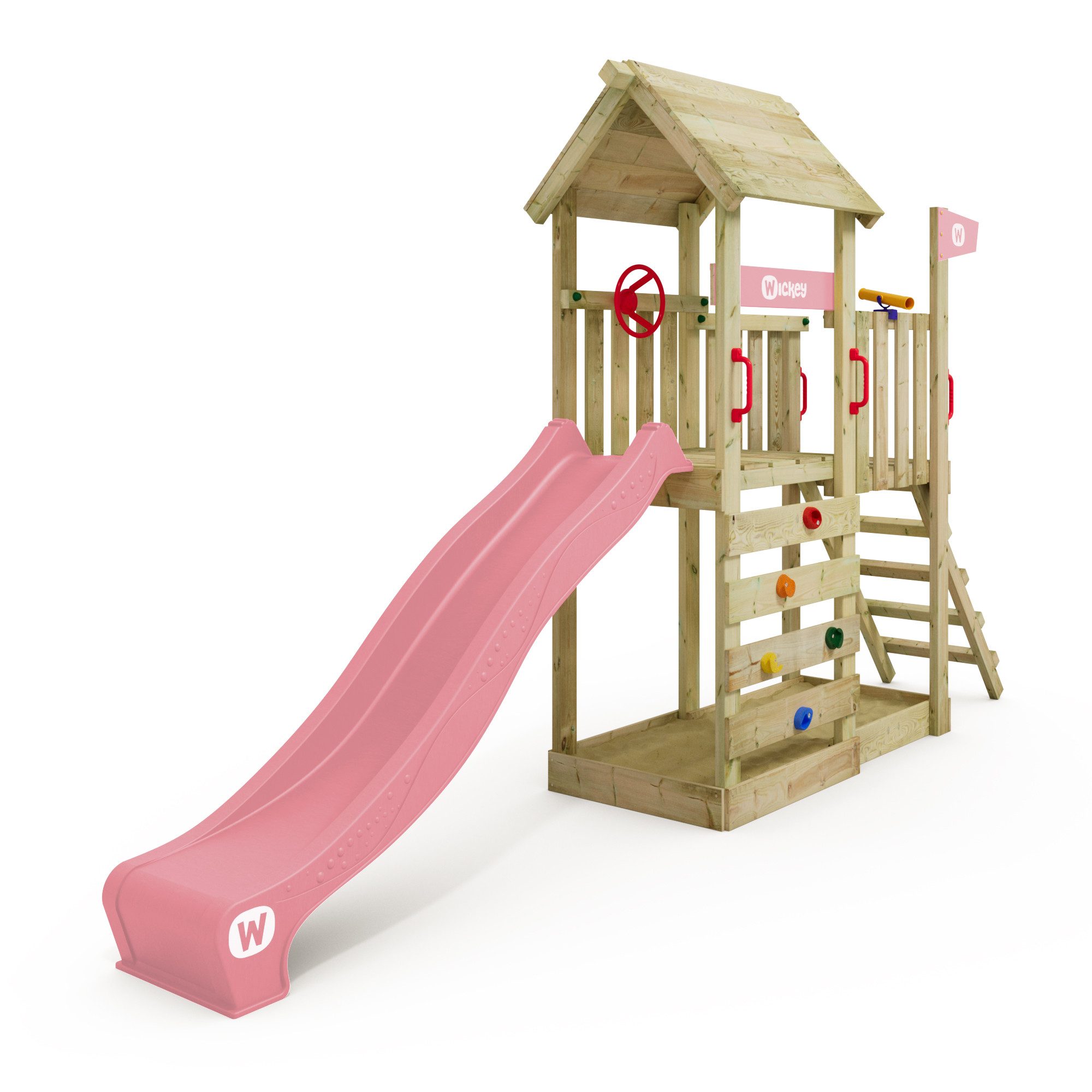 Wickey Spielturm JoyFlyer Klettergerüst mit Holzdach, Rutsche und Sandkasten, 10-Jahre Garantie*, Kletterwand mit Klettersteinen
