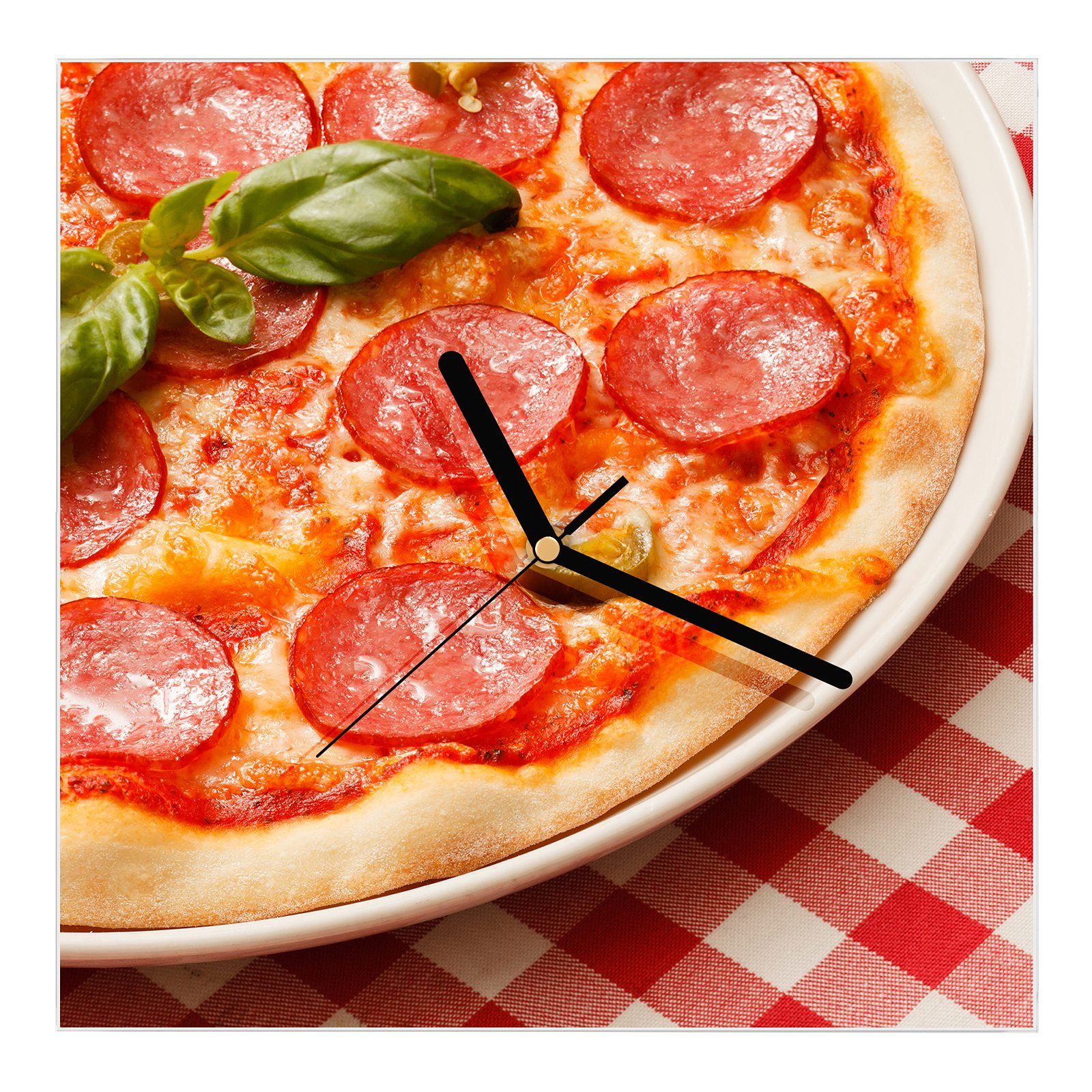 Primedeco Wanduhr Glasuhr Wanduhr Wandkunst Größe 30 x 30 cm mit Motiv Pizza mit Basilikum