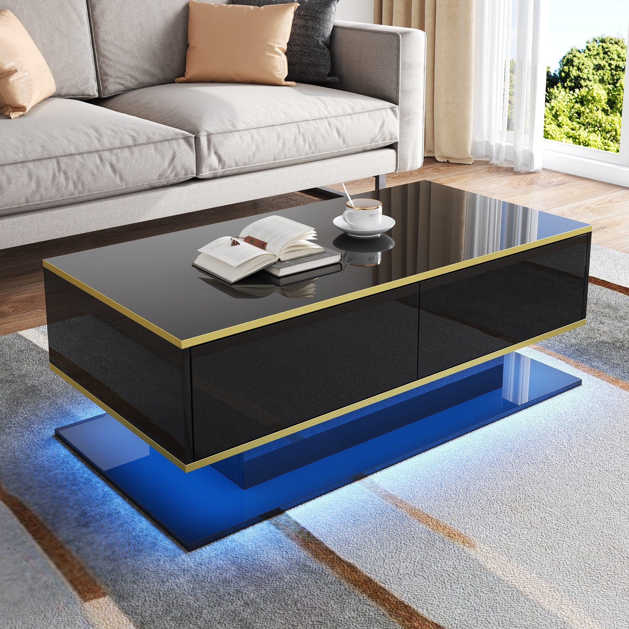 Merax Couchtisch hochglanz Sofatisch Beistelltisch mit LED-Beleuchtung (1-St), Wohnzimmertisch mit 3 Schubladen, Stauraum & Goldakzenten, 100x50x40cm