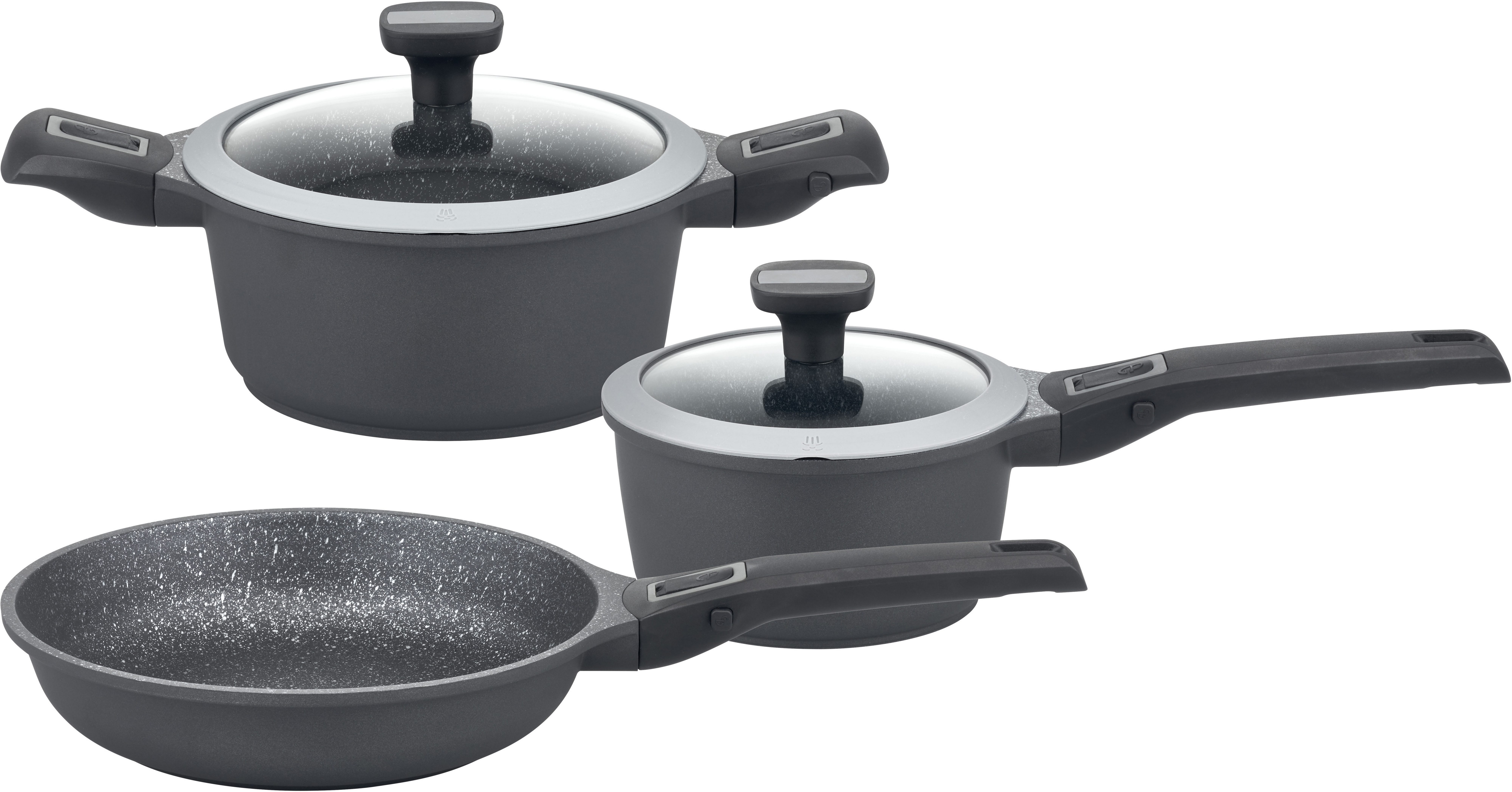 GSW Topf-Set Easy Click, Aluminiumguss (Set, 5-tlg., 1x Kochtopf Ø 20 cm, 1x Stielkasserolle Ø 16 cm, 1x Bratpfanne Ø 24 cm), Induktion