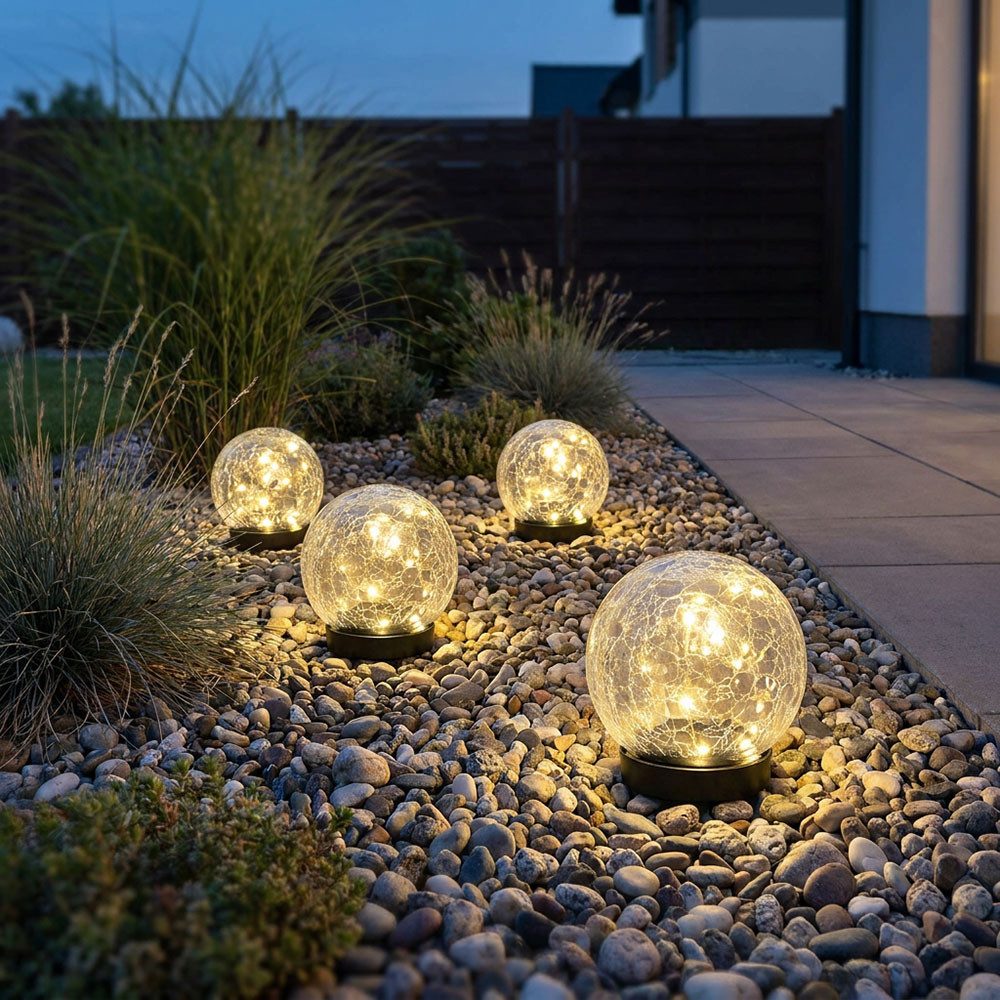 Expo Börse LED Dekolicht, LED-Leuchtmittel fest verbaut, Warmweiß, 4x Solarleuchte Außen Solarlampe Glaskugel Crackle klar LED D 12 cm