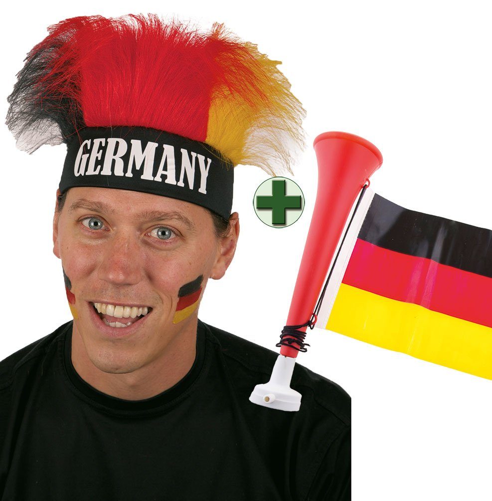 Karneval-Klamotten Kostüm Fußball-Tröte Deutschland Flagge und Perücke, Weltmeisterschaft WM EM Fan Artikel Fußball Party