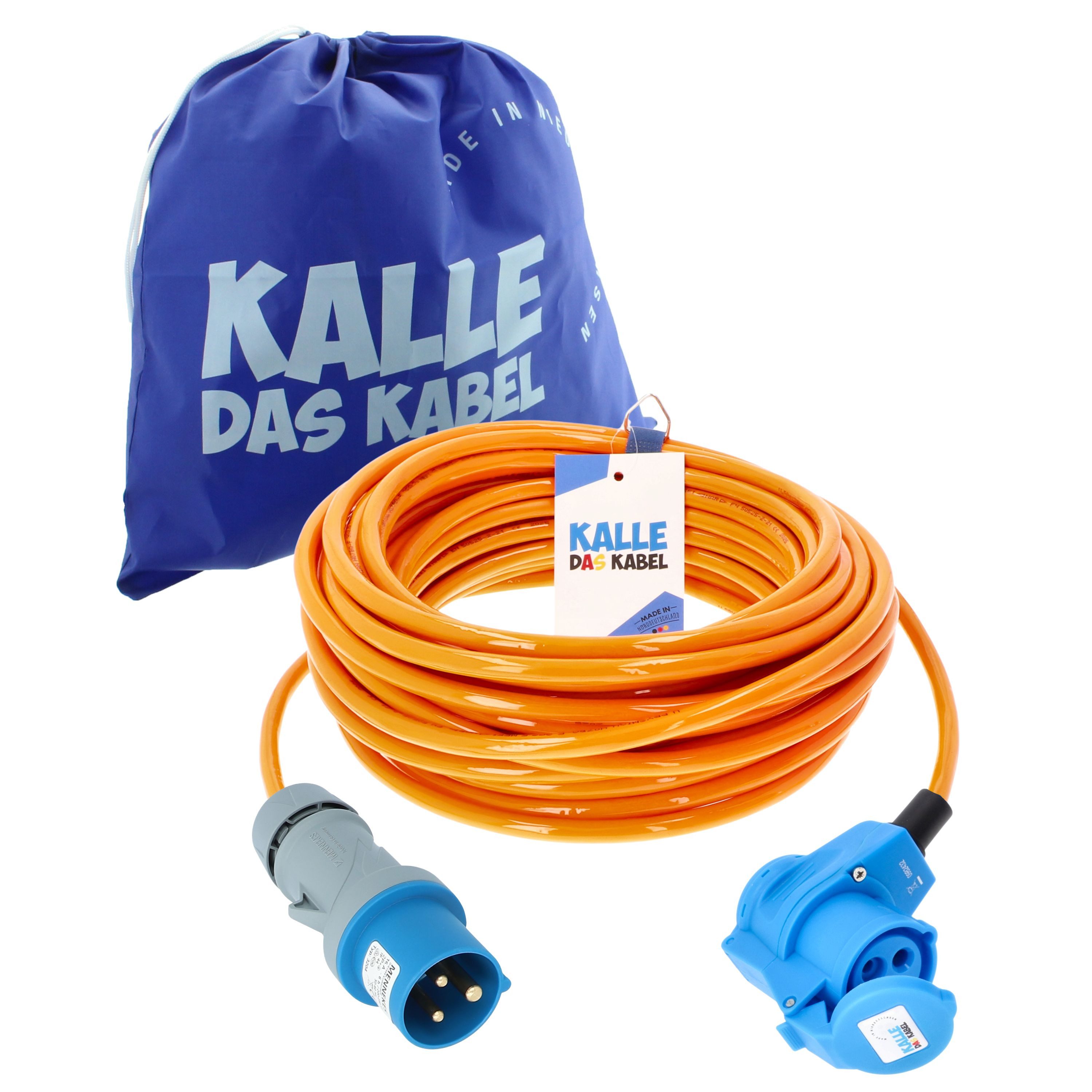 KALLE DAS KABEL Kalle Verlängerungskabel CEE 230V16A 2,5 Winkel Signal Orange IP44 30m Verlängerungskabel, CEE 230V, 16A, CEE Winkelkupplung 230V, 16A mit rückseitiger Schuko Steckdose (3000 cm)
