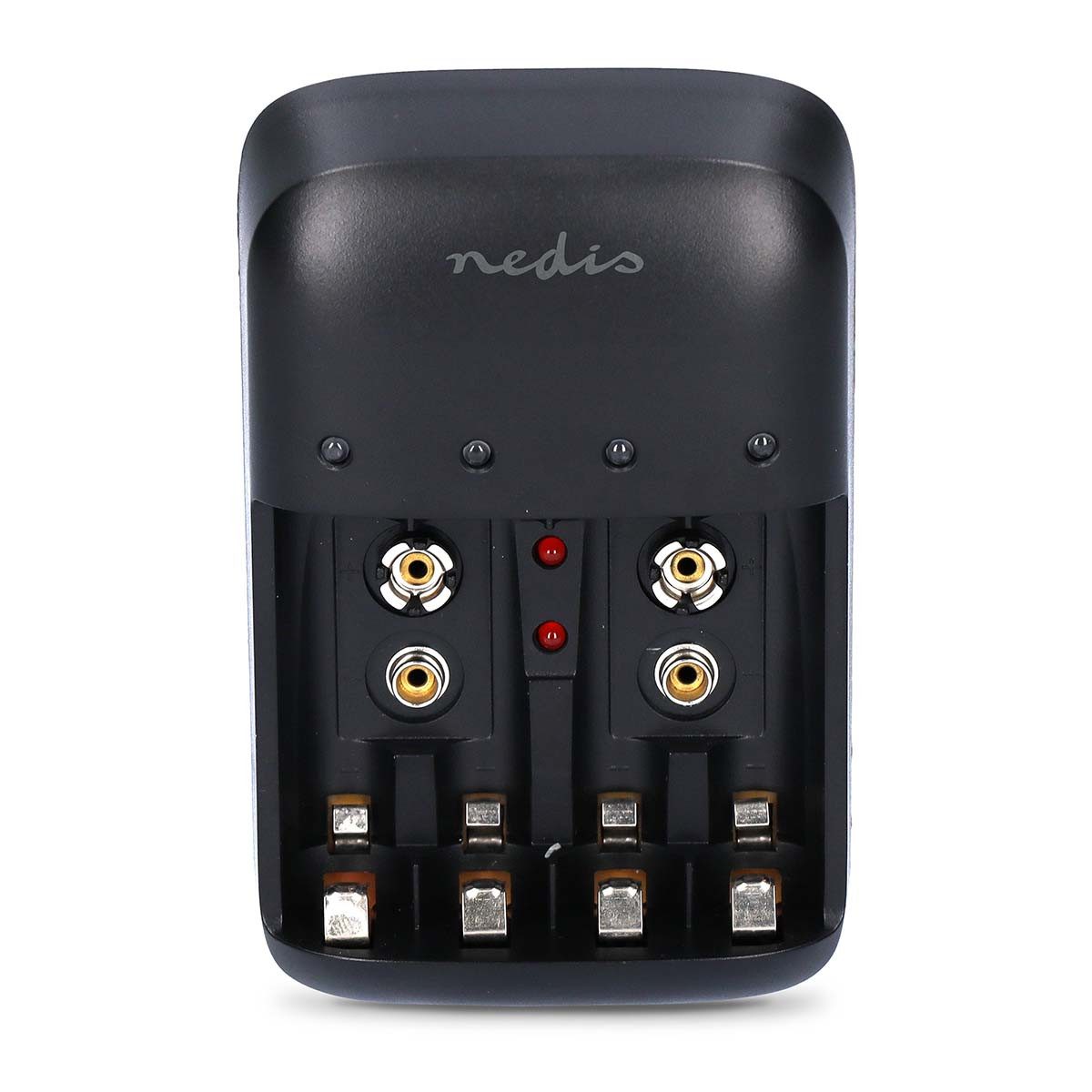 Nedis BACH07 Akku-Ladestation (1-tlg., AA/AAA, 9 V Ladegerät, LED-Anzeige, Trickle-Funktion, für Zuhause)