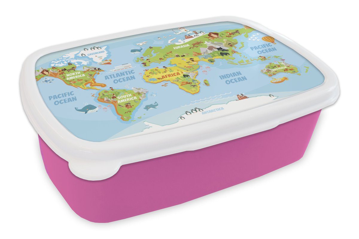 - Brotbox Kunststoff, Lunchbox Tiere, Snackbox, Kinder, Kunststoff Brotdose Kinder - für Mädchen, Erwachsene, (2-tlg), MuchoWow rosa Weltkarte