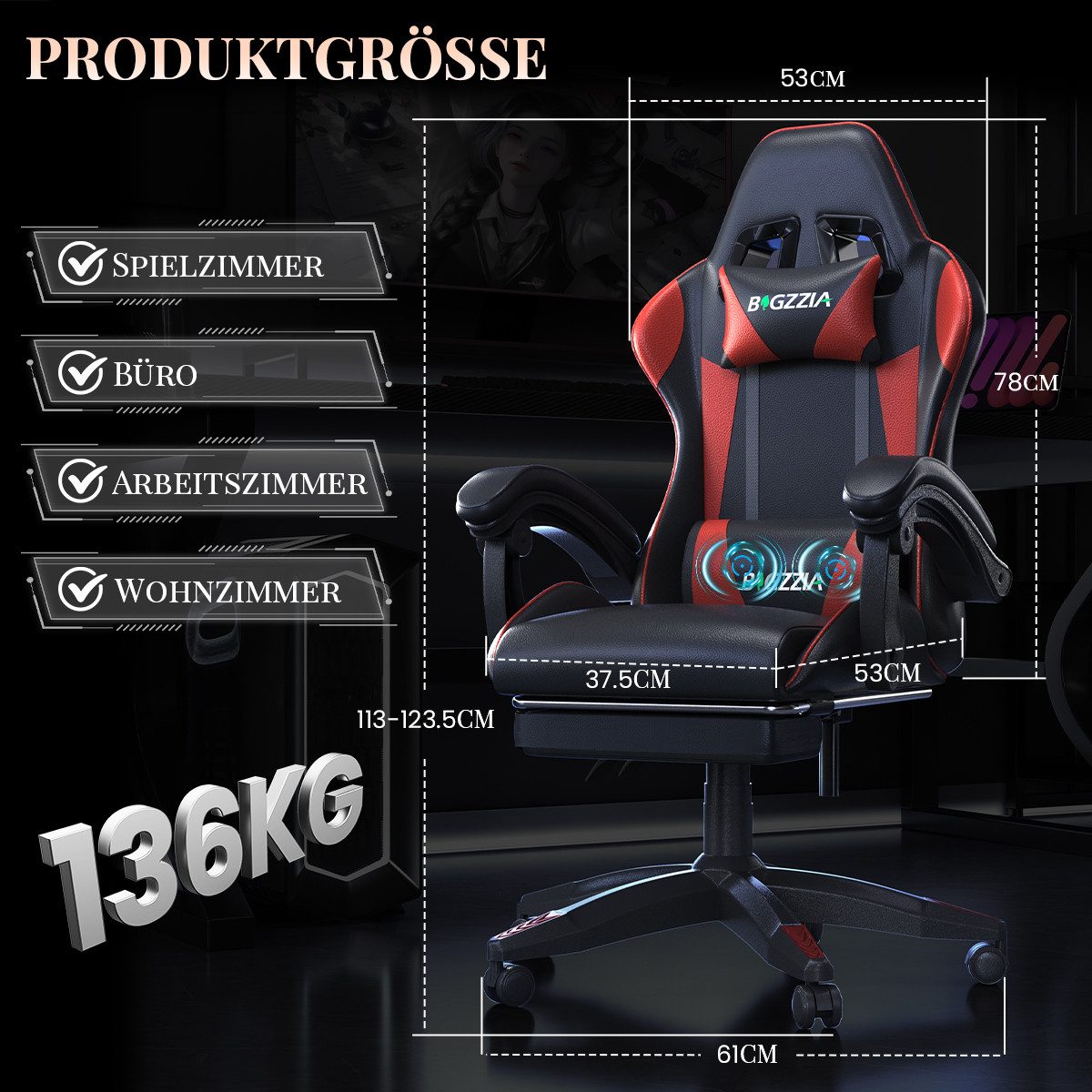 ZAISZE Gaming-Stuhl Schreibtischstuhl, Ergonomischer Bürostuhl mit Massagefunktion (PC Stuhl mit Fußstütze Kopfstütze Lendenkissen), Höhenverstellung Neigung 90°- 135°, für Gaming Arbeit Entspannung