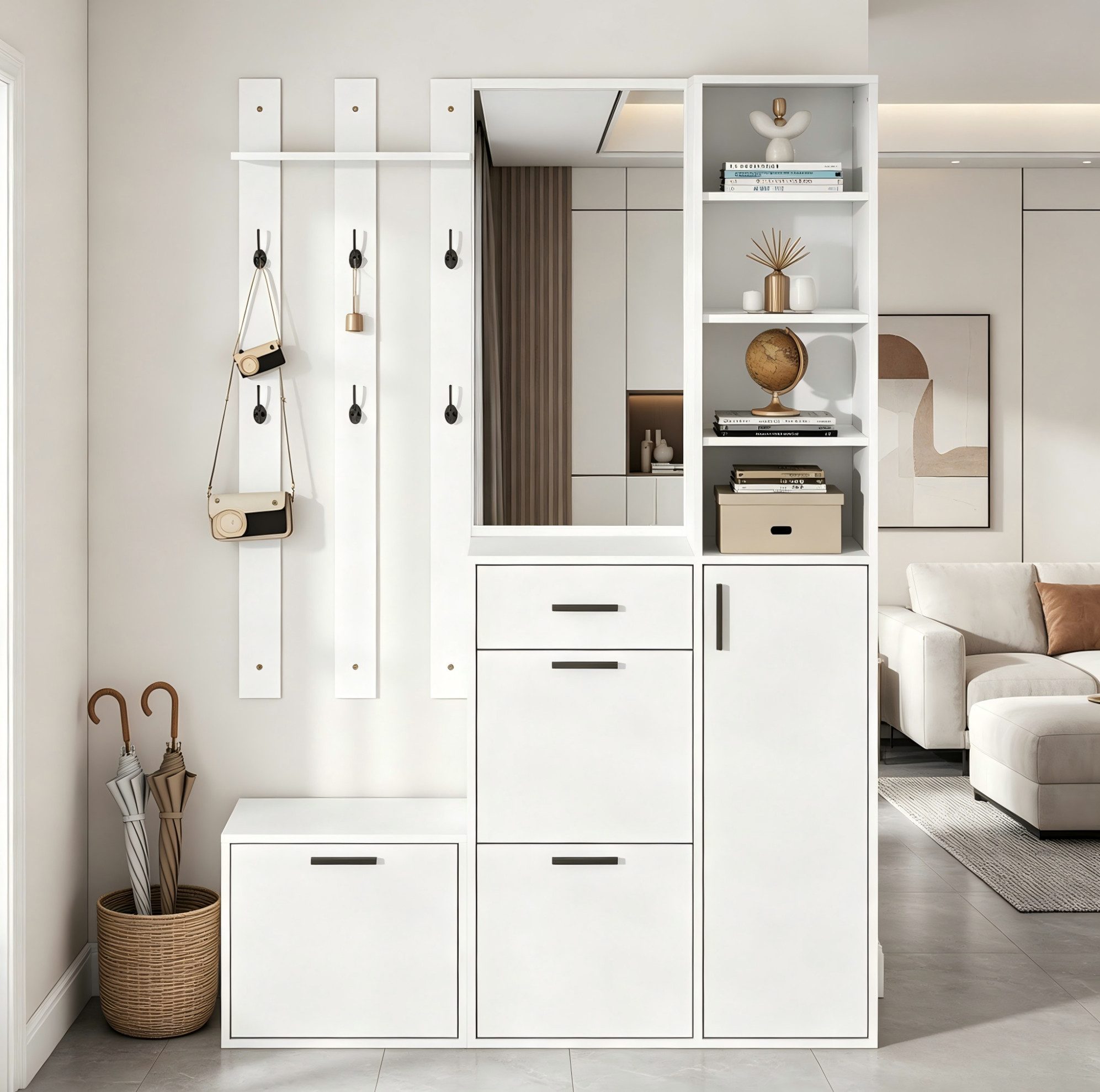OKWISH Garderoben-Set Flurschrank mit Spiegel & 6 Haken, (1-St., Weiß, 120×178×30 cm, MDF+Spanplatte), 3 Klapp-Schuhschränke, 13 Fächer
