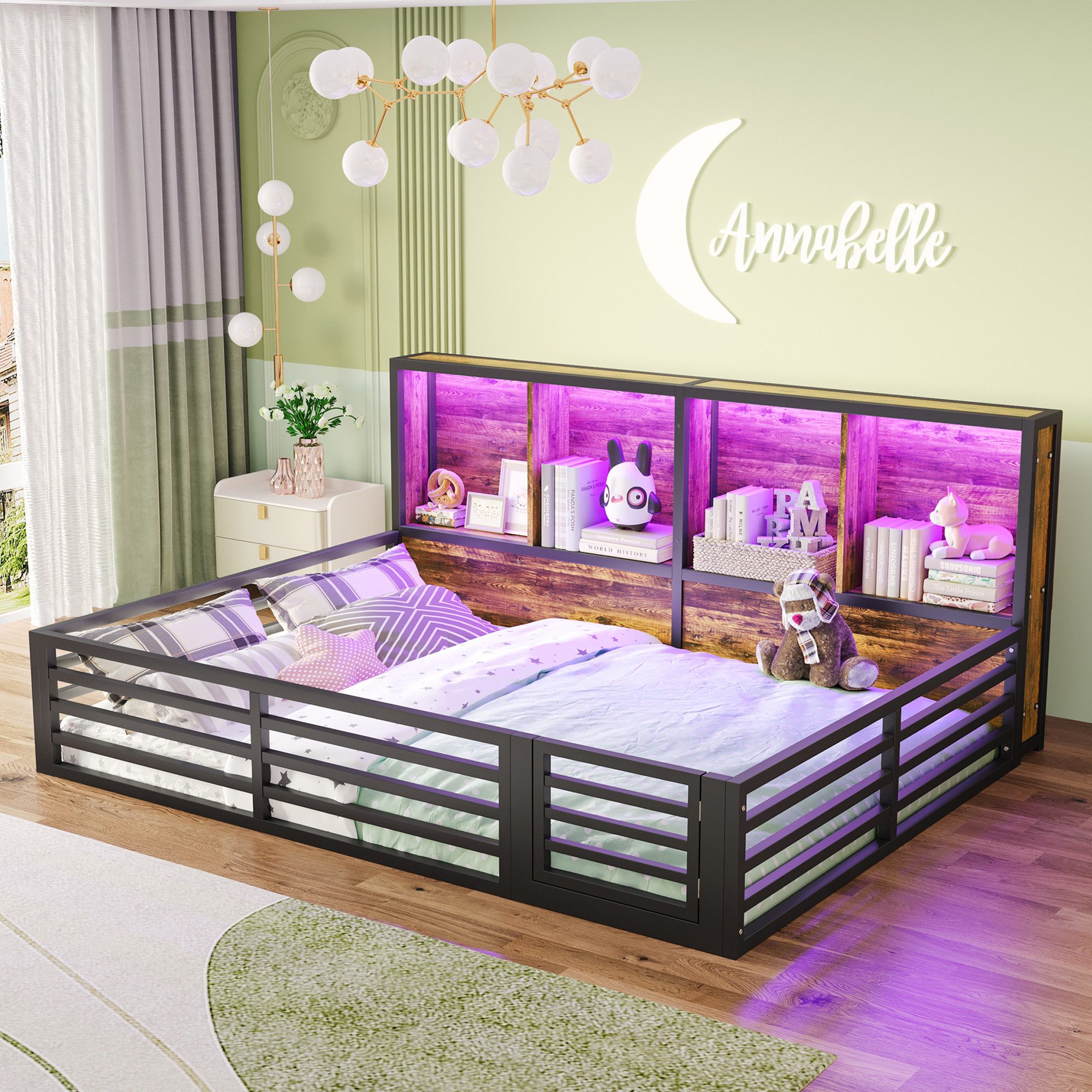 Merax Kinderbett (Plattformbett aus Metallrahmen und MDF, 1-tlg., Daybed für Kinder & Jugendzimmer), Metall Zaunbett 140x200cm mit LED Ablagefächer Geländer Lat – Bild 4 von 5