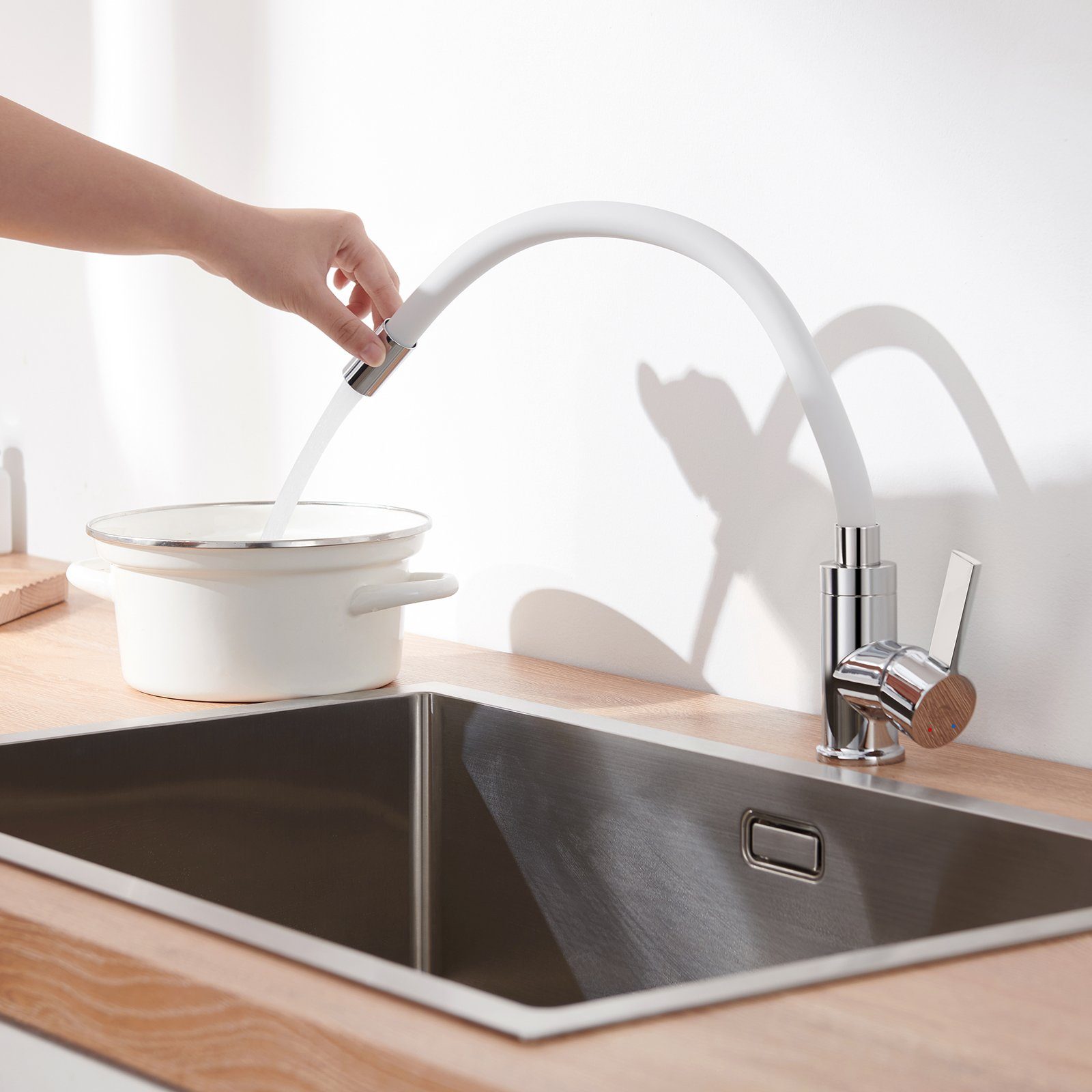 Auralum Küchenarmatur mit Flexibel aus weiß Wasserhahn Einhebelmischer,360° Edelstahl Küche Auslauf Spültischarmatur Drenbar