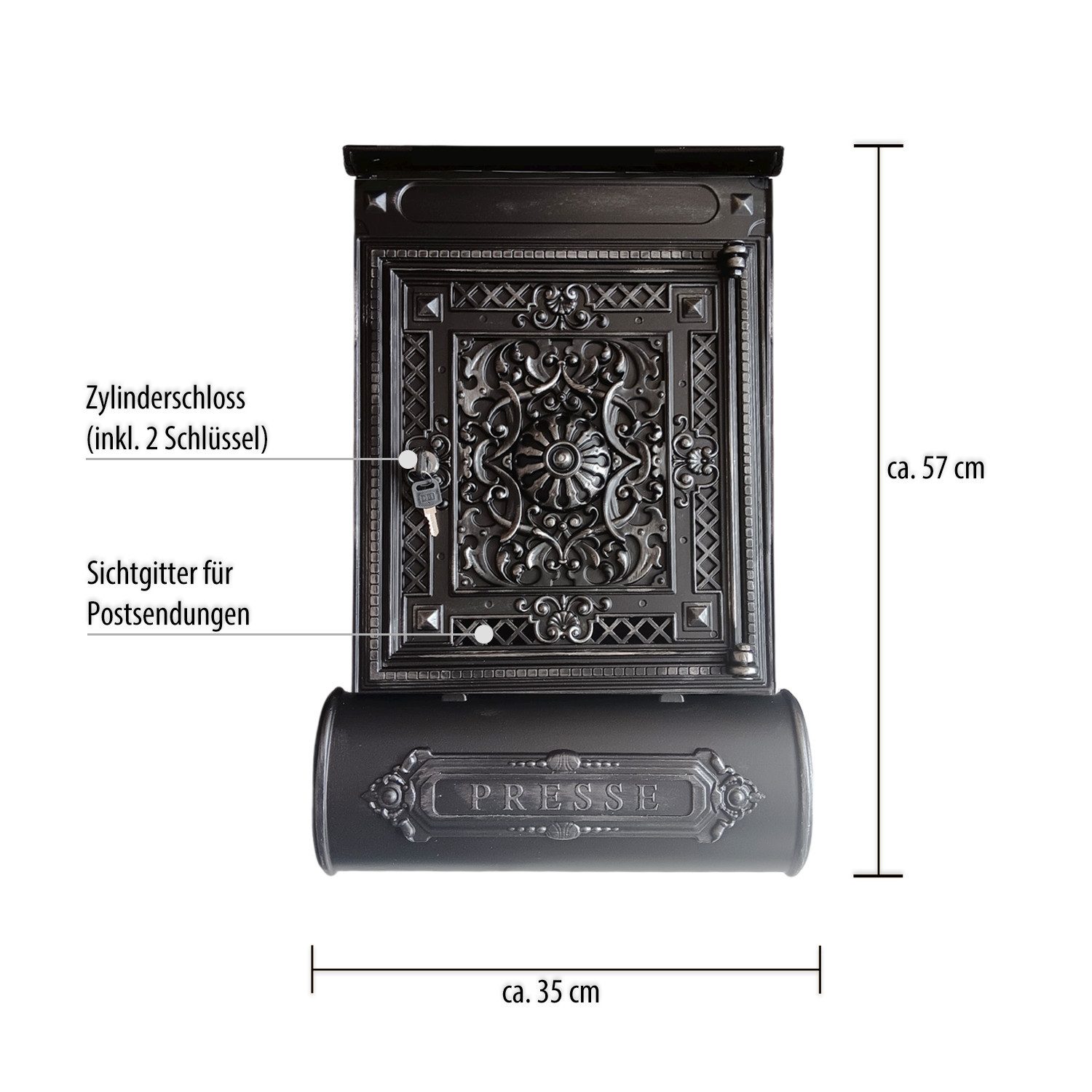 Thumbnail - Stelling Wandbriefkasten Massiver Aluminiumguss Briefkasten Antik Schwarz Retro
