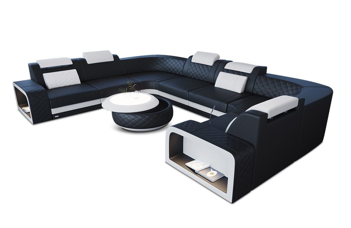 Sofa Dreams Wohnlandschaft Foggia U Form Leder, LED-Beleuchtung, Couch, 6-Sitzer, Kopfstützen, USB-Anschluss