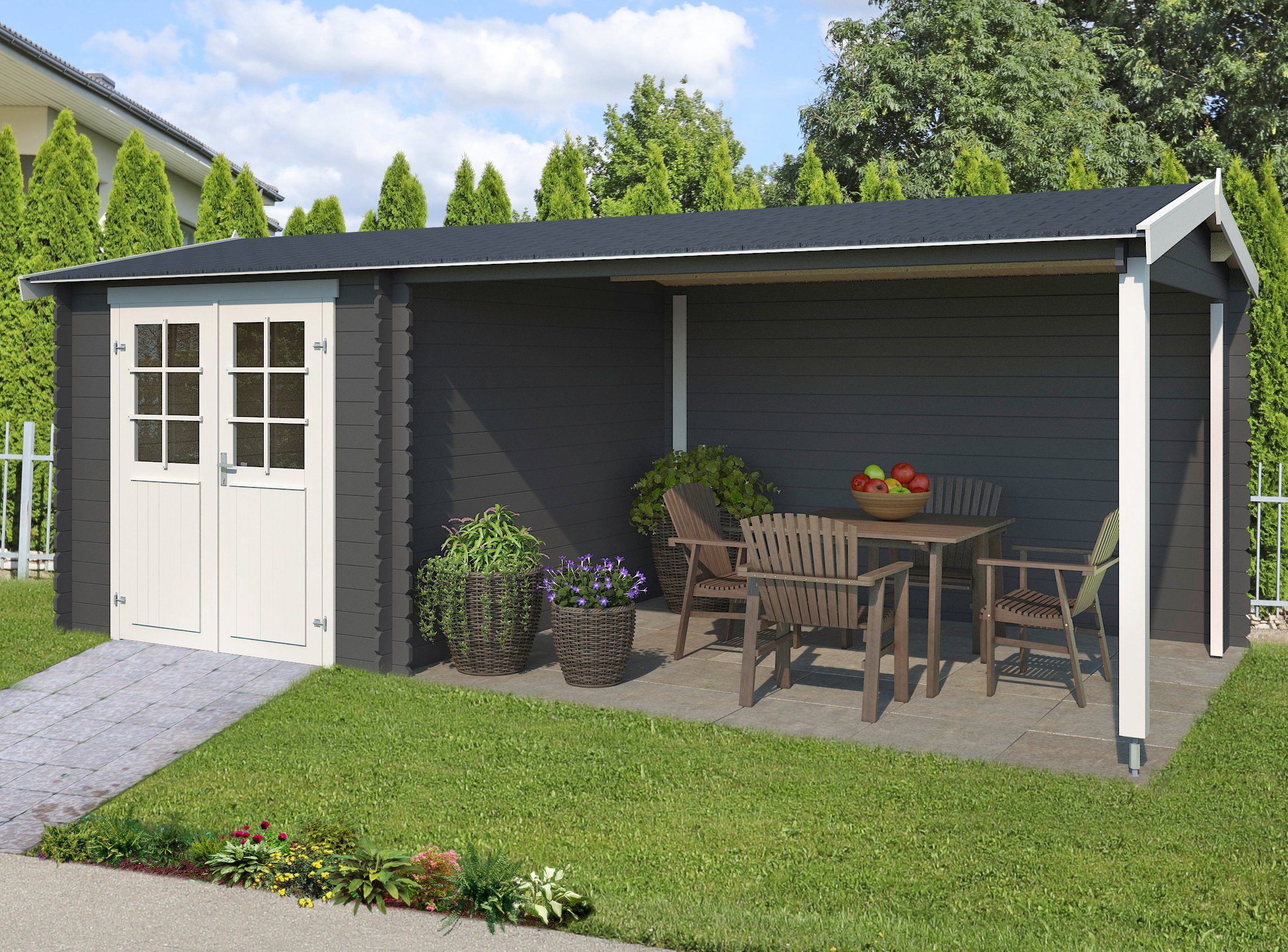 LASITA MAJA Gartenhaus Ivana, BxT: 590x295 cm, Blockbohlenhaus 28mm mit Anbau
