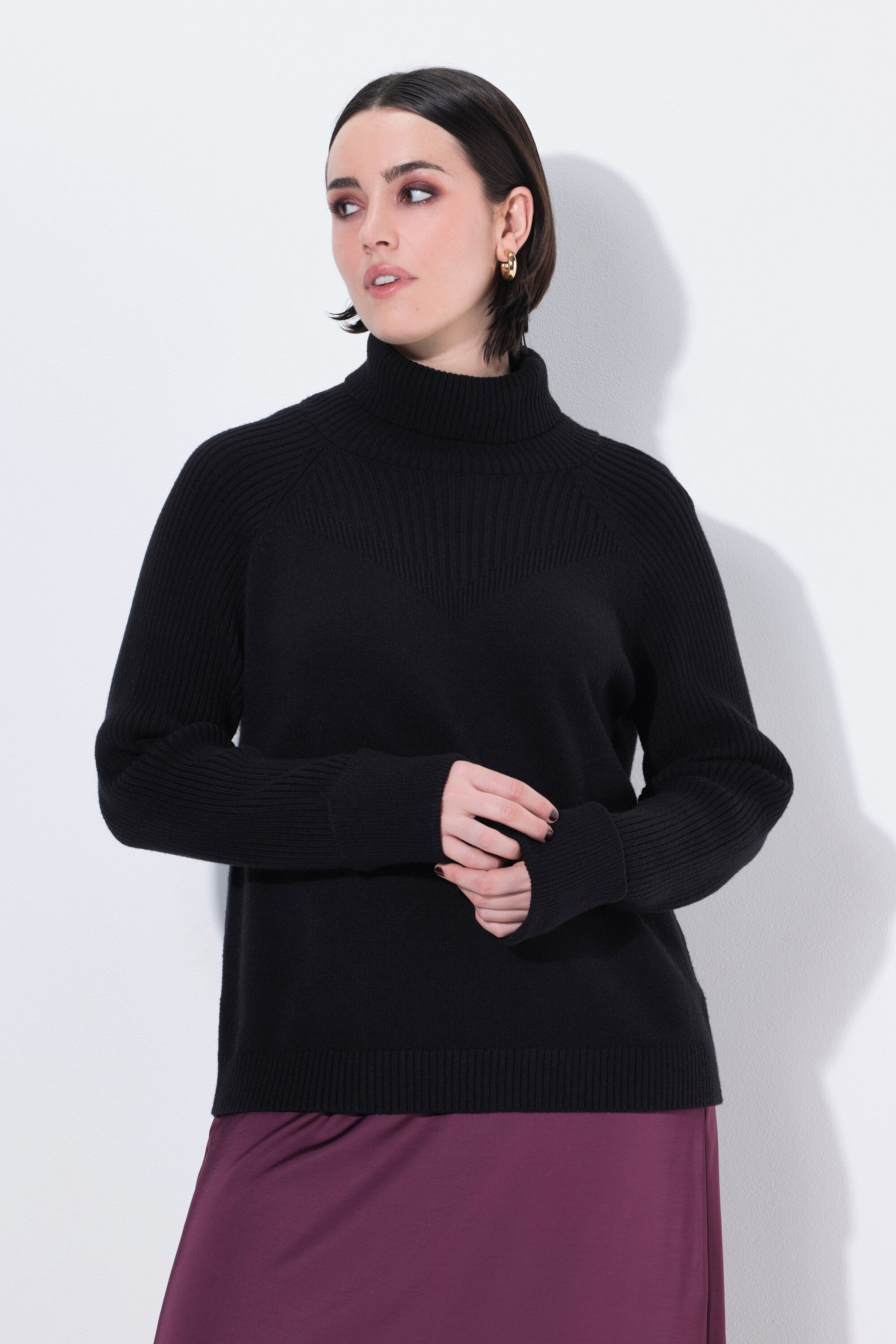 Ulla Popken Strickpullover Pullover etwas kürzer Rollkragen Raglan-Langarm günstig online kaufen