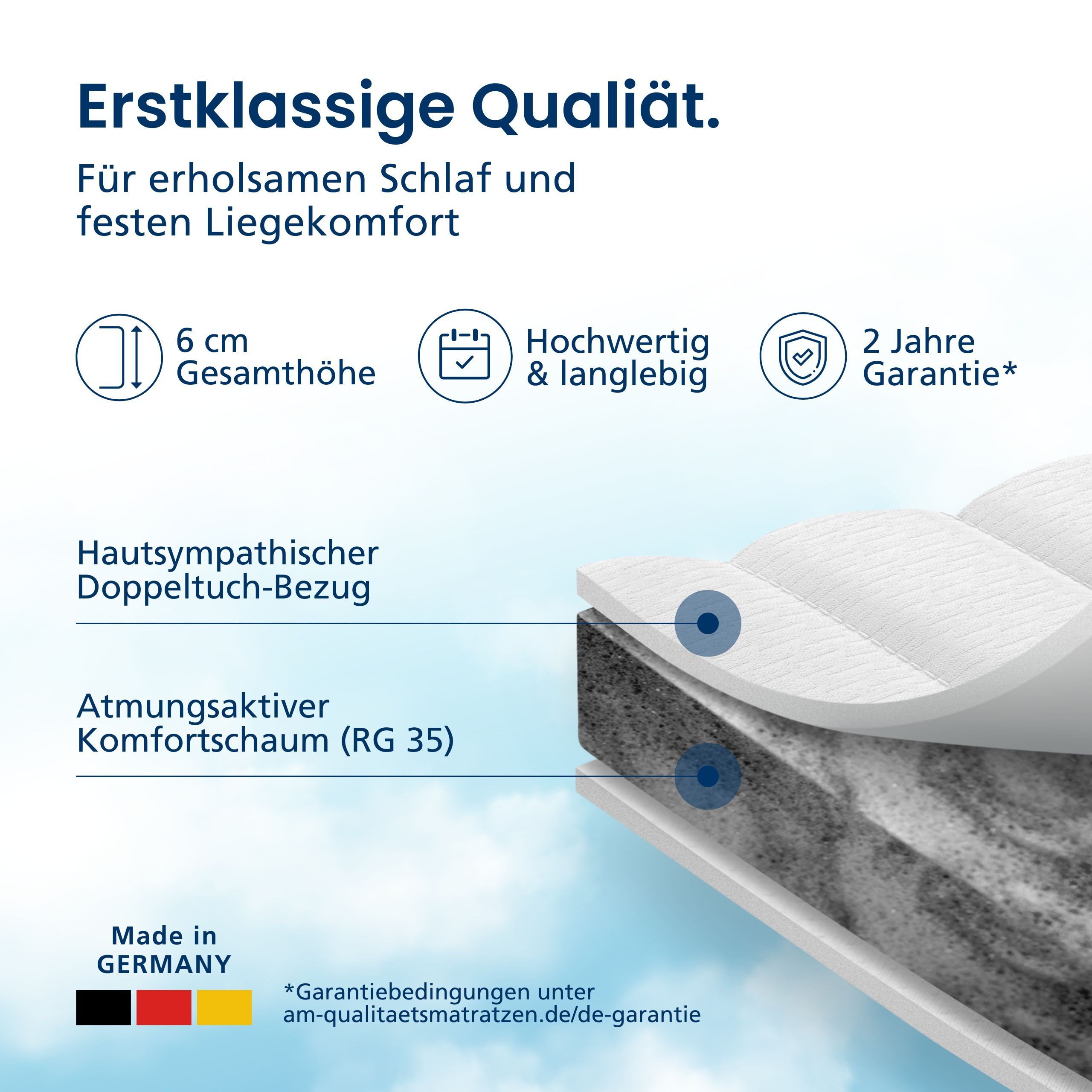 AM Qualitätsmatratzen, Topper fest, Harter Matratzentopper H4, Bezug waschbar, 6 cm hoch, Komfortschaum, 80x200 cm