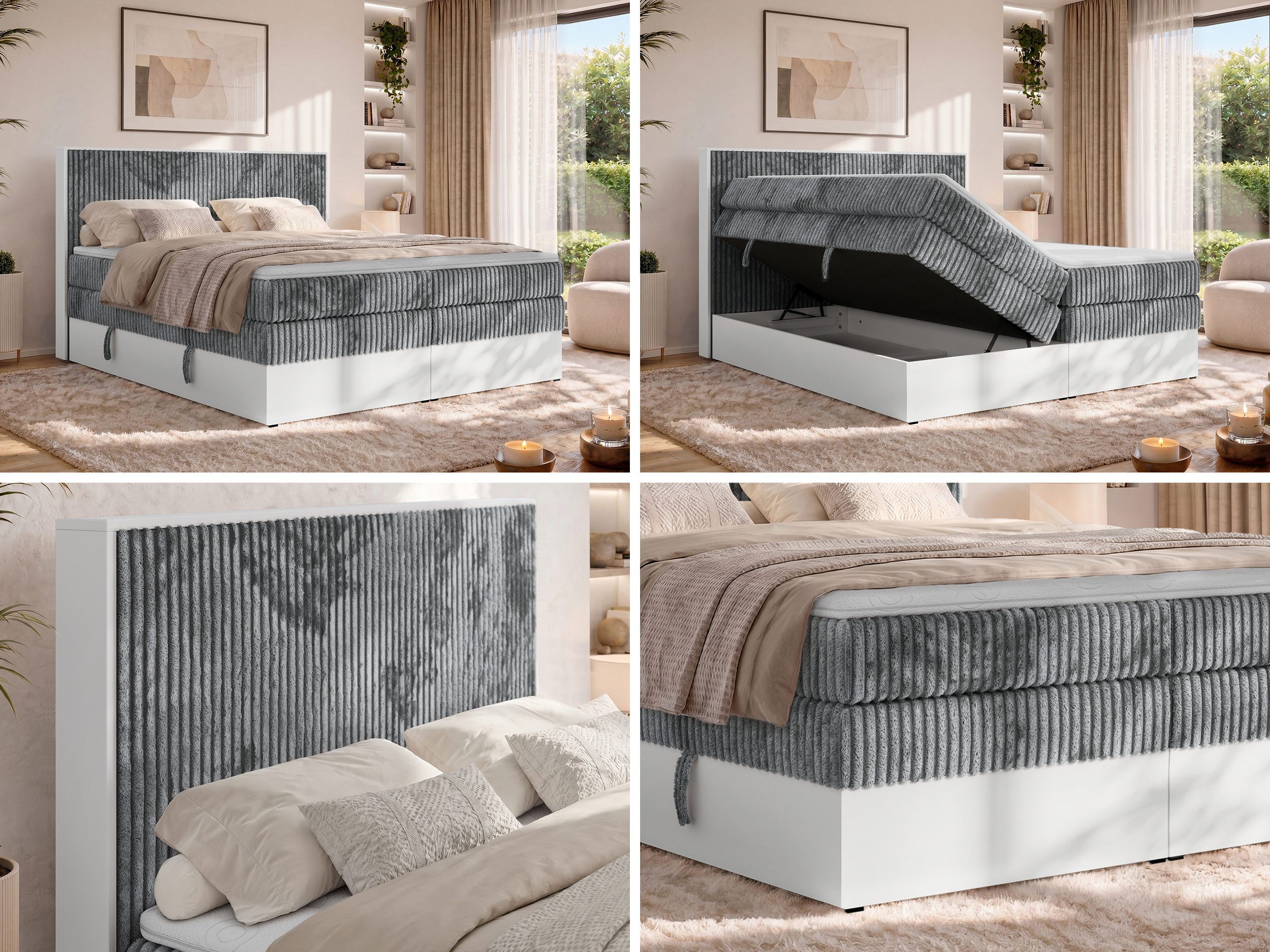 MKS MÖBEL Boxspringbett TRAVIT KING (mit Stauraum, Set, inkl. 2 Multipocket Matratzen und Topper (T25/Visco), Cord-Bezug), weiße Deko-Möbelplattenelementen, H3/H4, 140x200–200x200