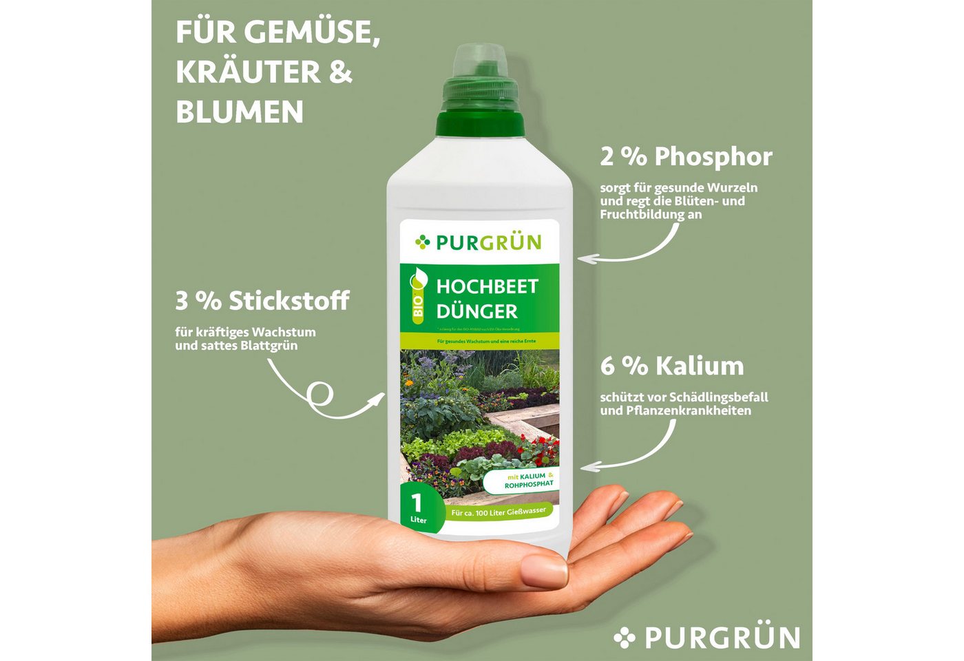 Thumbnail - Purgrün Universaldünger Purgrün Bio Hochbeet Dünger, NPK 3+2+6, Kalium, 1 Liter, Flüssigdünger, extra Kalium für eine re...