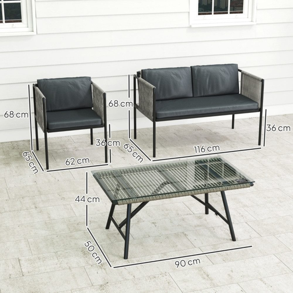 REDOM Sitzgruppe 4-teiliges Gartenmöbel-Set mit 1 Sofa, 2 Sesseln und Tisch, (Set, 4-tlg., Kissen inklusive, Tisch mit Glasplatte, robustes Design), Stahlrahmen und Kunststoff-Rattan in Grau für Terrasse & Garten