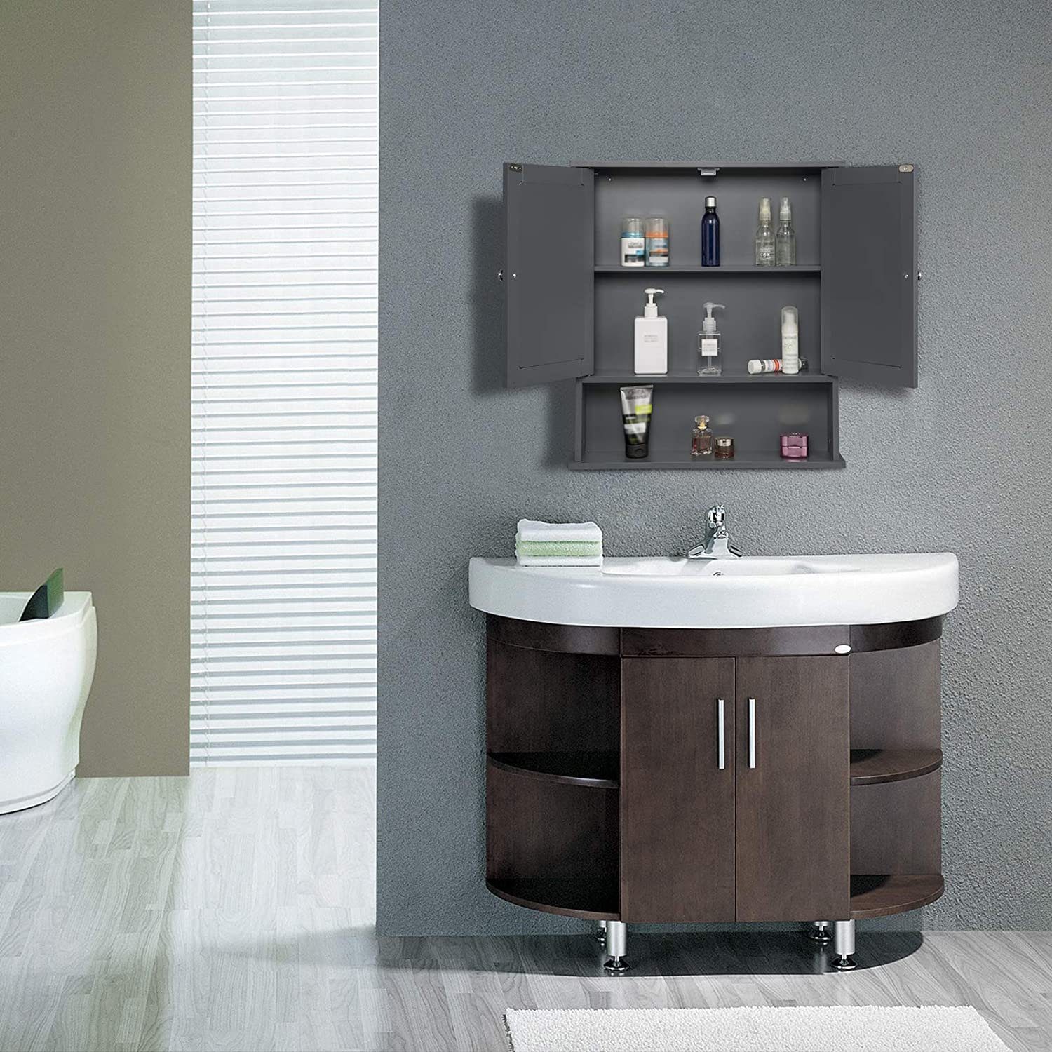 EUGAD Spiegelschrank (1-St) Hängeschrank aus mit Grau Badezimmerspiegel Tür Holz