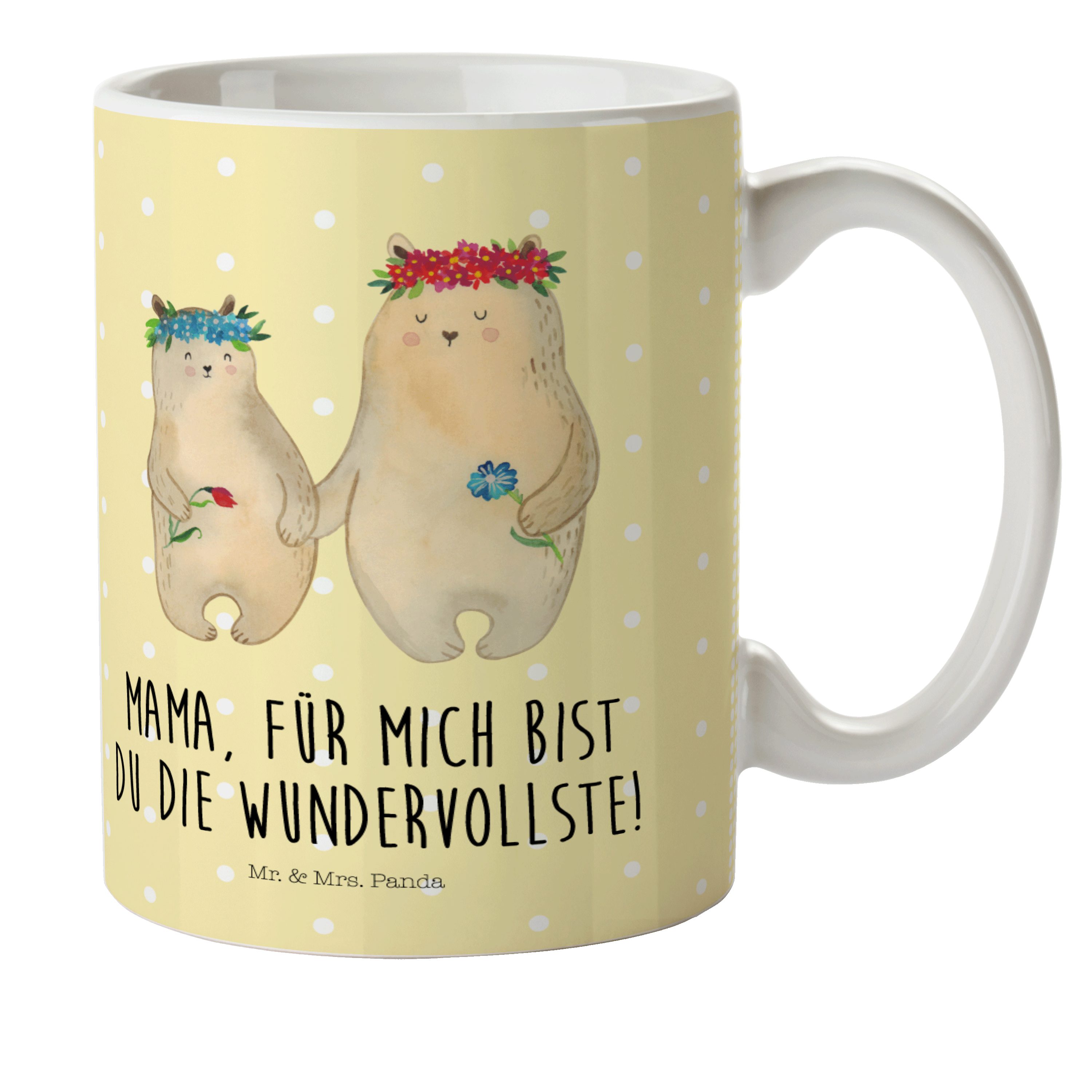 Mr. & Mrs. Panda Kinderbecher Bären mit Blumenkranz - Gelb Pastell - Geschenk, Reisetasse, Liebling, Kunststoff