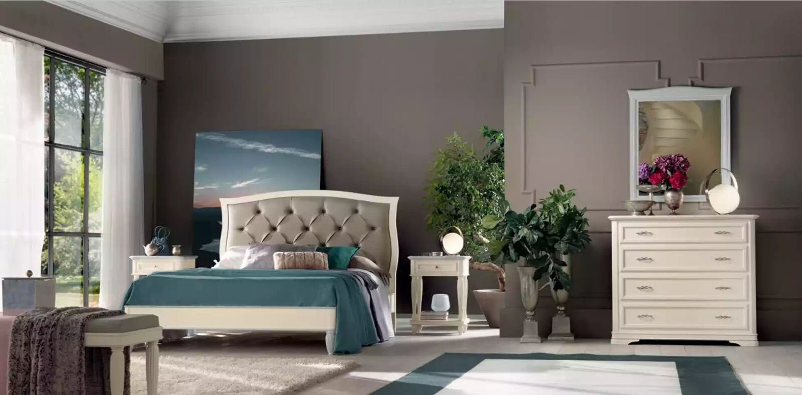 JVmoebel Schlafzimmer-Set Bett 2x Nachttische 5 tlg. Schlafzimmer Design Luxus Kommode, (5-St., Nur Bett + 2x Nachttische + Kommode + Spiegel), Made in Italy
