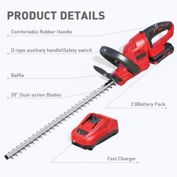 Daskoo Heckenschere Akku Heckenschere 51cm Schnittlänge mit 20V Akku, u. 1 h-Schnellladegerät, 1300RPM