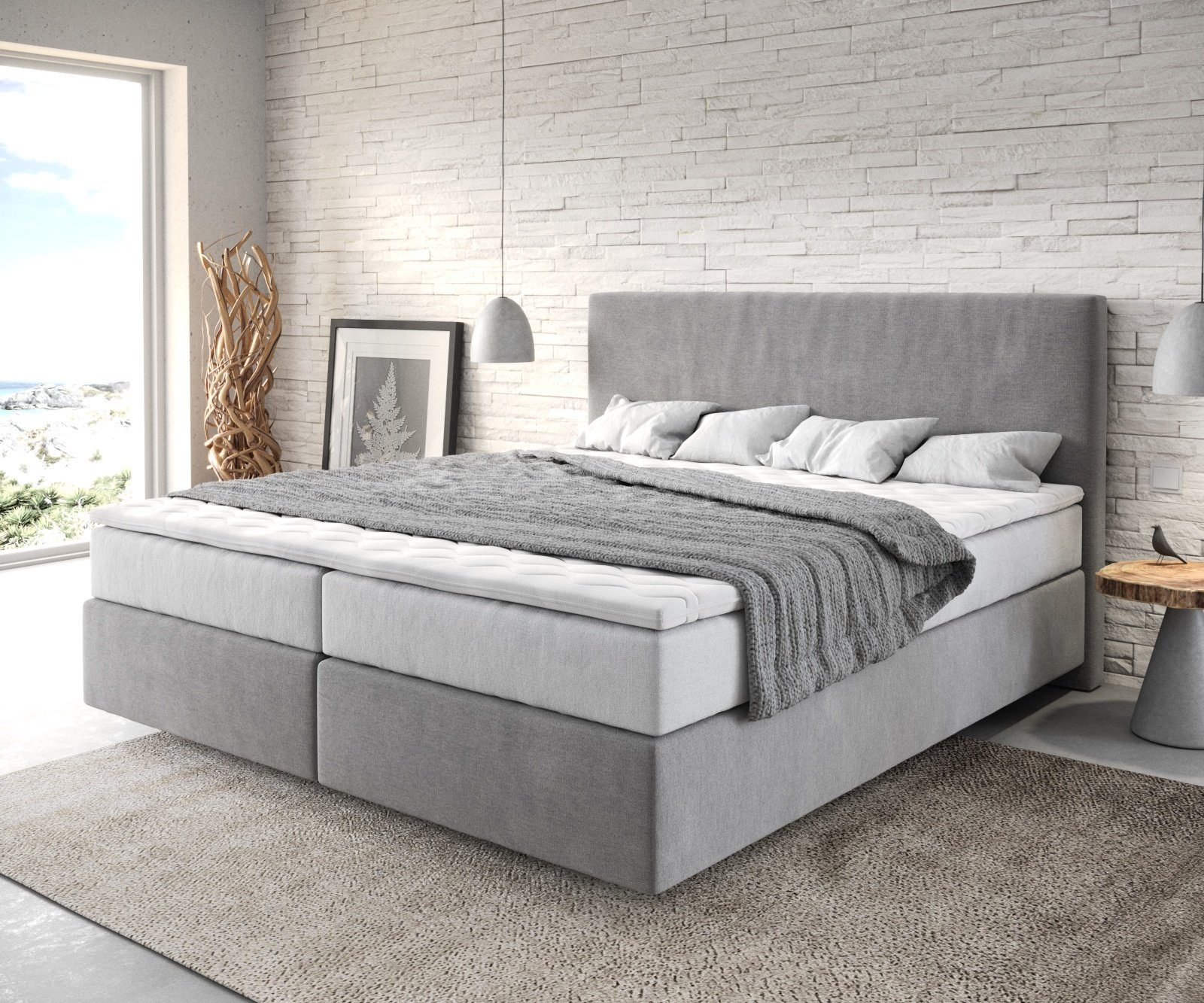 DELIFE Boxspringbett Dream-Well, Mikrofaser Grau 180x200 cm mit TFK Matratze und Visco Topper