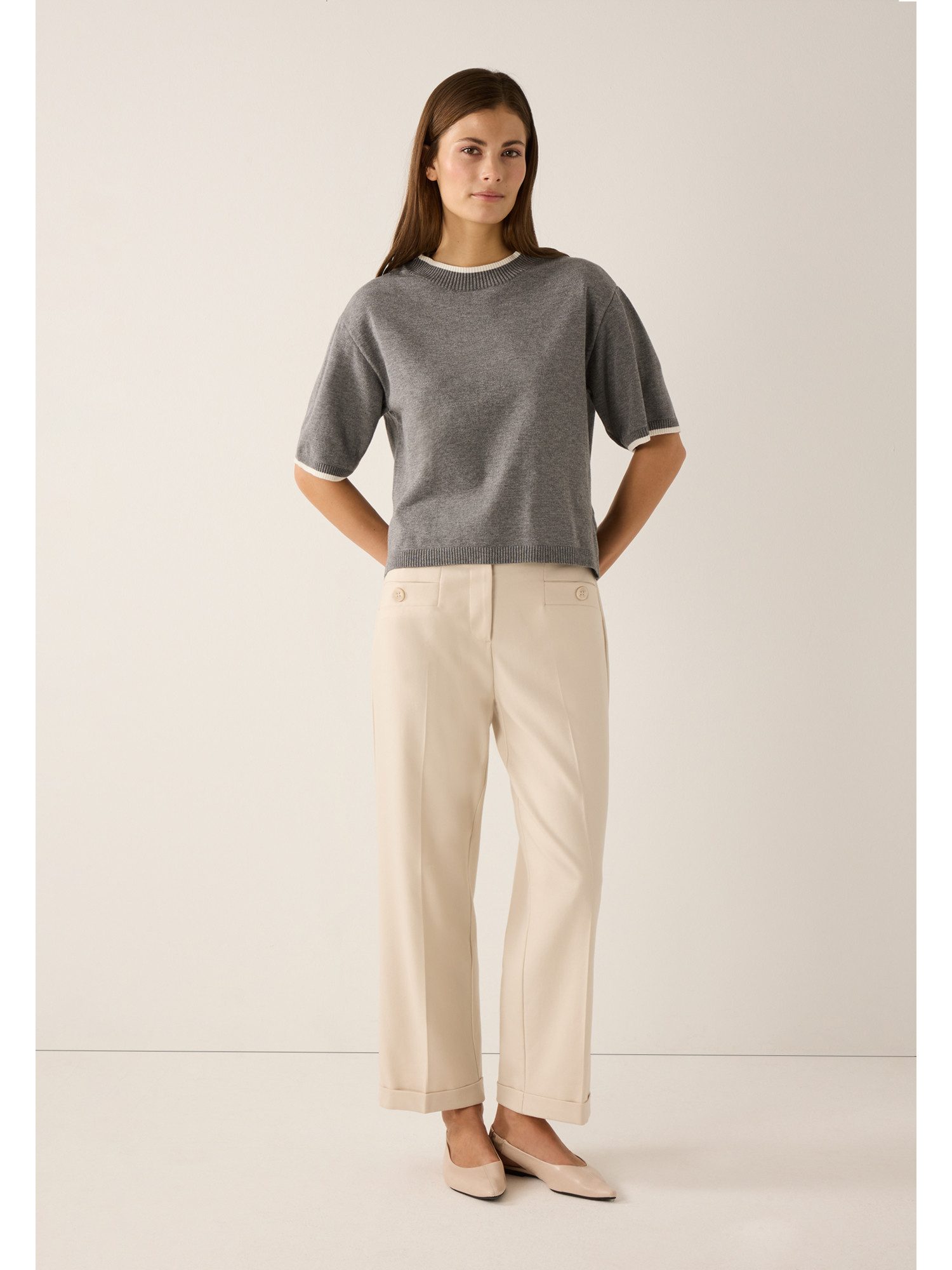 MORE&MORE Rundhalspullover softer Kurzarmpullover, Kontraststreifen günstig online kaufen