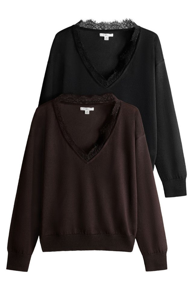 The Set V-Ausschnitt-Pullover The Set Pullover mit Spitzenbesatz, 3er-Pack (2-tlg)