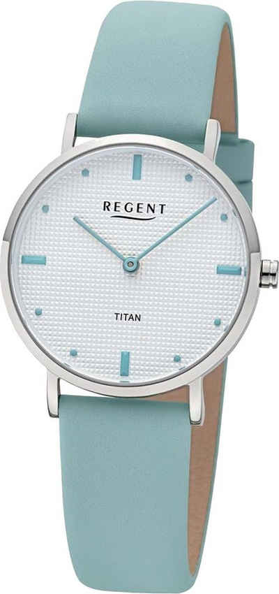 Regent Quarzuhr Regent Damen Titan-Armbanduhr Analog, Damen Armbanduhr rund, mittel (ca 32mm) Lederarmband hellblau, Elegant