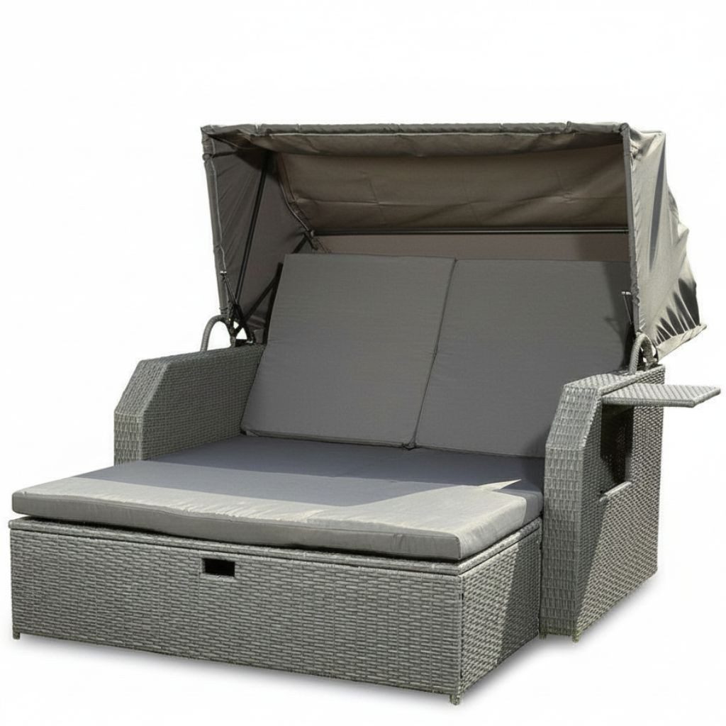 Melko Gartenliege Sonneninsel mit Dach, Hocker und Kissen Polyrattan 145×143×130 cm, Halblieger mit Dach 145x143 cm, 3-teiliges Set bestehend aus 1 × Sonneninsel, 1 × Hocker und Kissen, Kompakte Halblieger mit klappbarem Dach und separatem Hocker