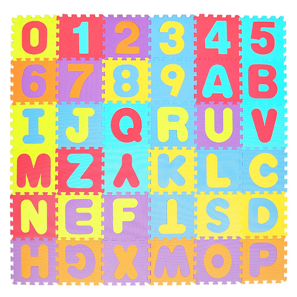 JEOBEST Steckpuzzle Puzzlematte mit Zahlen und Buchstaben, 36 Puzzleteile, 36 Teile - 3,6m² Buchstabenteppich
