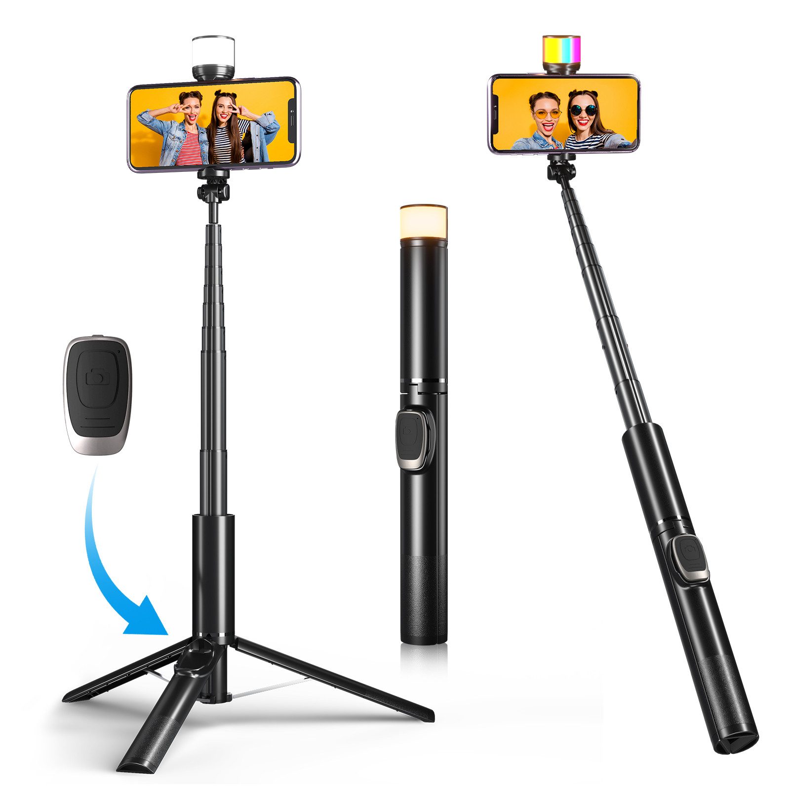 Quntis 3 in 1 selfie stick mit fernbedienung handyhalterung mit RGB fülllicht Kamerastativ (Kamera Stativ für die fotografie Vlog 360° Drehbar urlaub must haves)