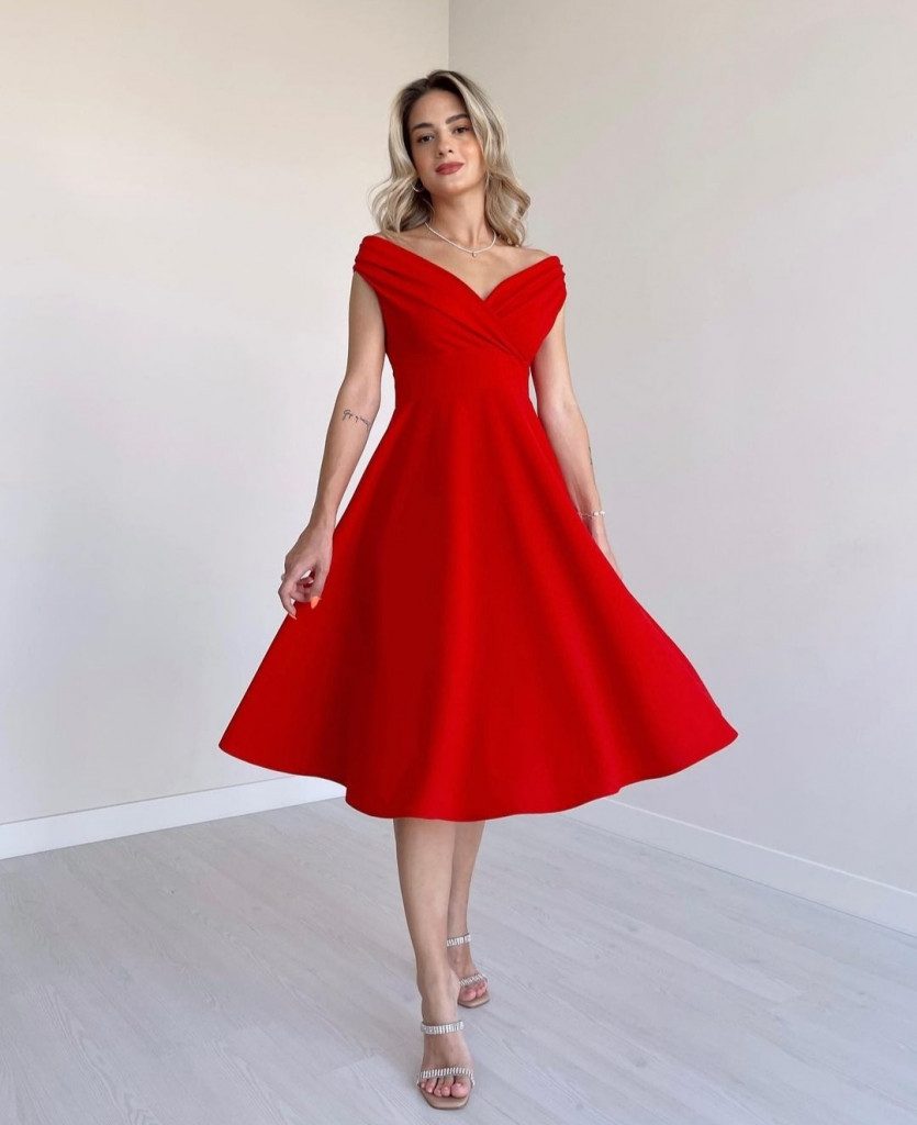 Moda Yakamoz Midikleid JANE'S Damen Kurzarm Doppelreihiger Volantrock Kreppkleid