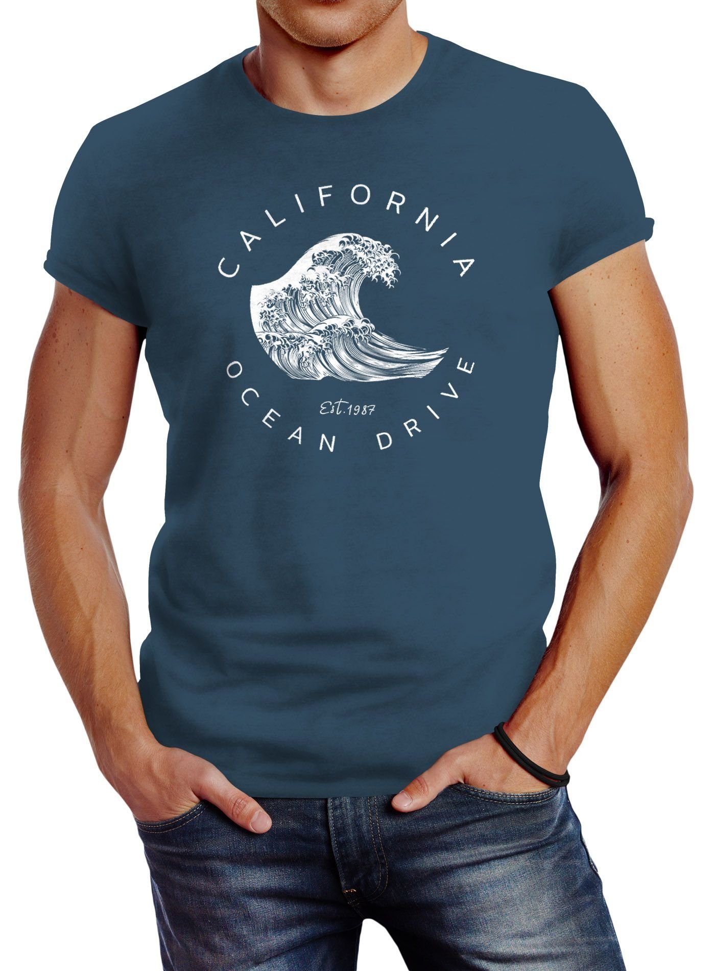 Neverless Print-Shirt Herren T-Shirt Welle Wave California Ocean Drive Surf Summer Slim Fit Neverless® mit Print blau