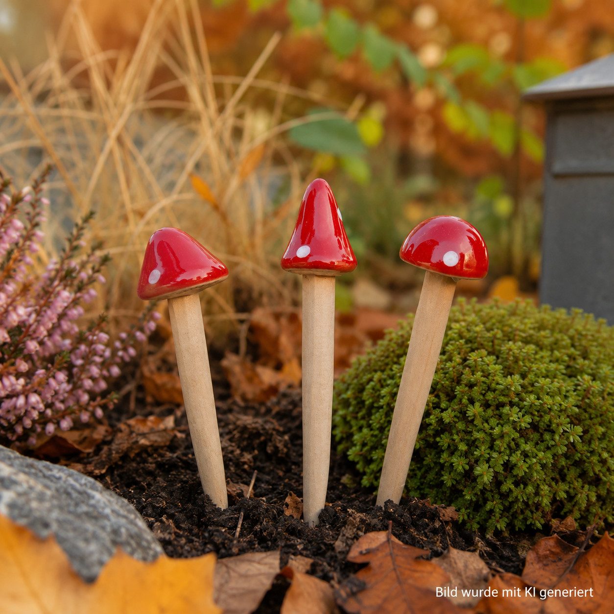 XiRRiX Gartenstecker Pilze aus Keramik 3er Set Gartendeko (Beet Stecker, Pilzfiguren) Fliegenpilz Herbstdeko