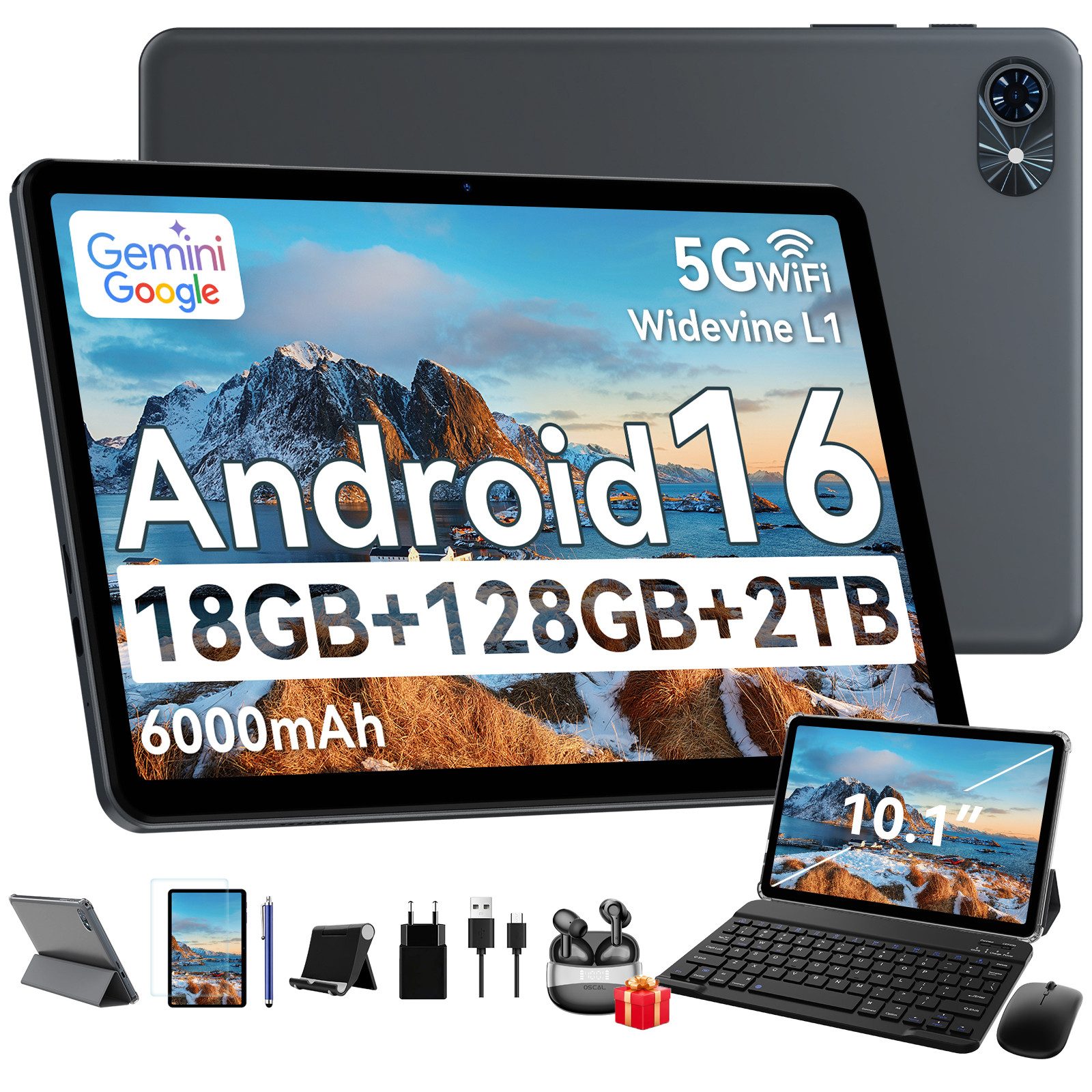 TABWEE T80 (18+128) 10.1” 6000 mAh Android 16 Tablet-Set incl. Airbuds 20 Tablet (10.1", 128 GB, Android 16, 5G wifi, Android 16, Gemini AI, PC-Modus)